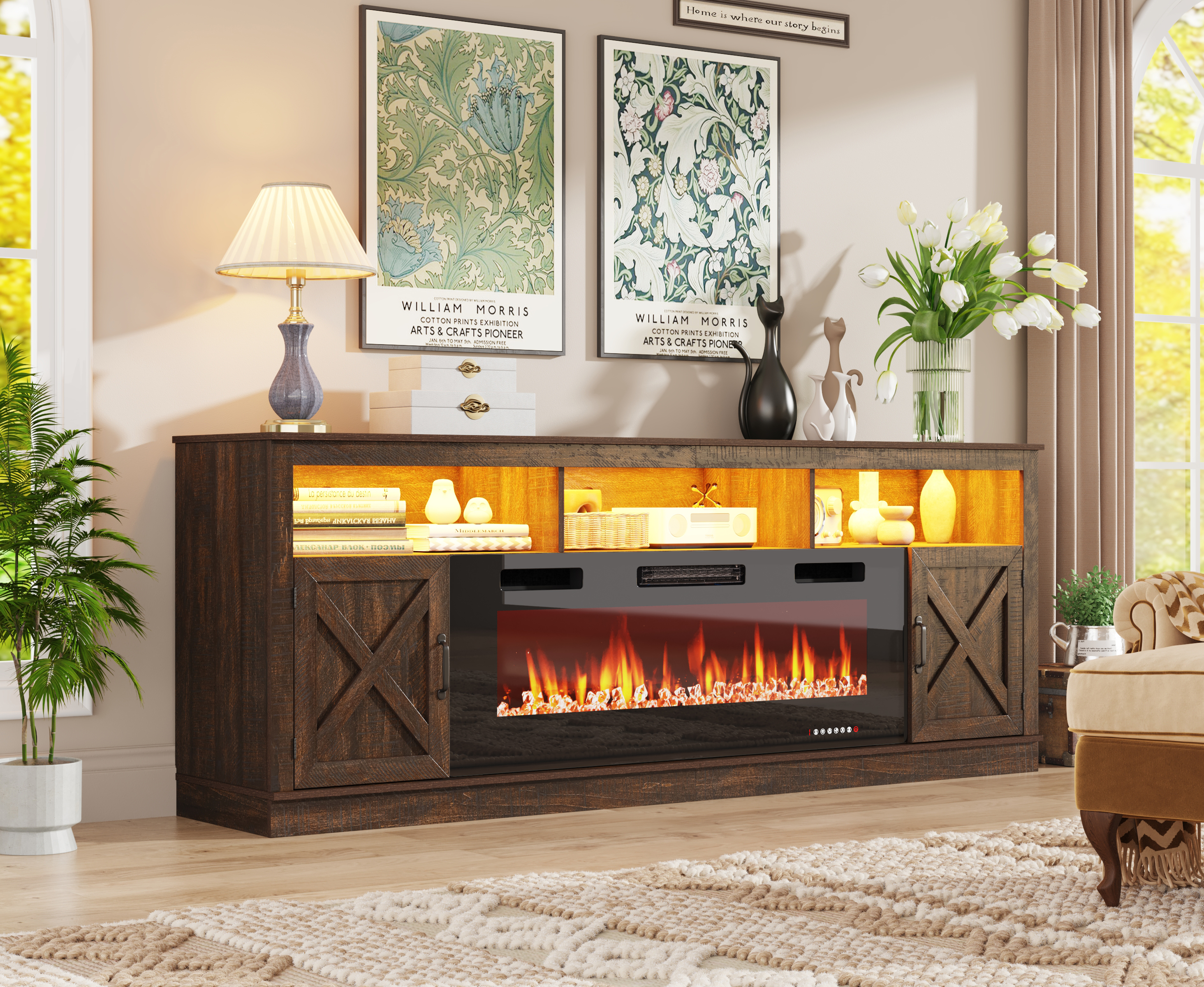 Fireplace TV Stand for 80/85/90 Inch TV with 50" Electric Fireplace, 82.7" Farmhouse Entertainment Center with LED Lights, Tall Media Console with Barn Door for Living Room, Bedroom