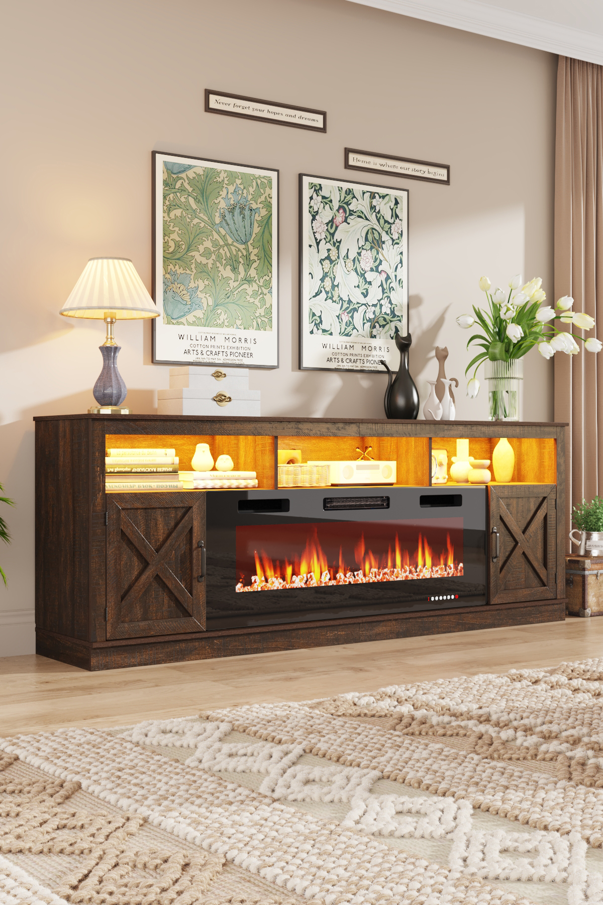 Fireplace TV Stand for 80/85/90 Inch TV with 50" Electric Fireplace, 82.7" Farmhouse Entertainment Center with LED Lights, Tall Media Console with Barn Door for Living Room, Bedroom