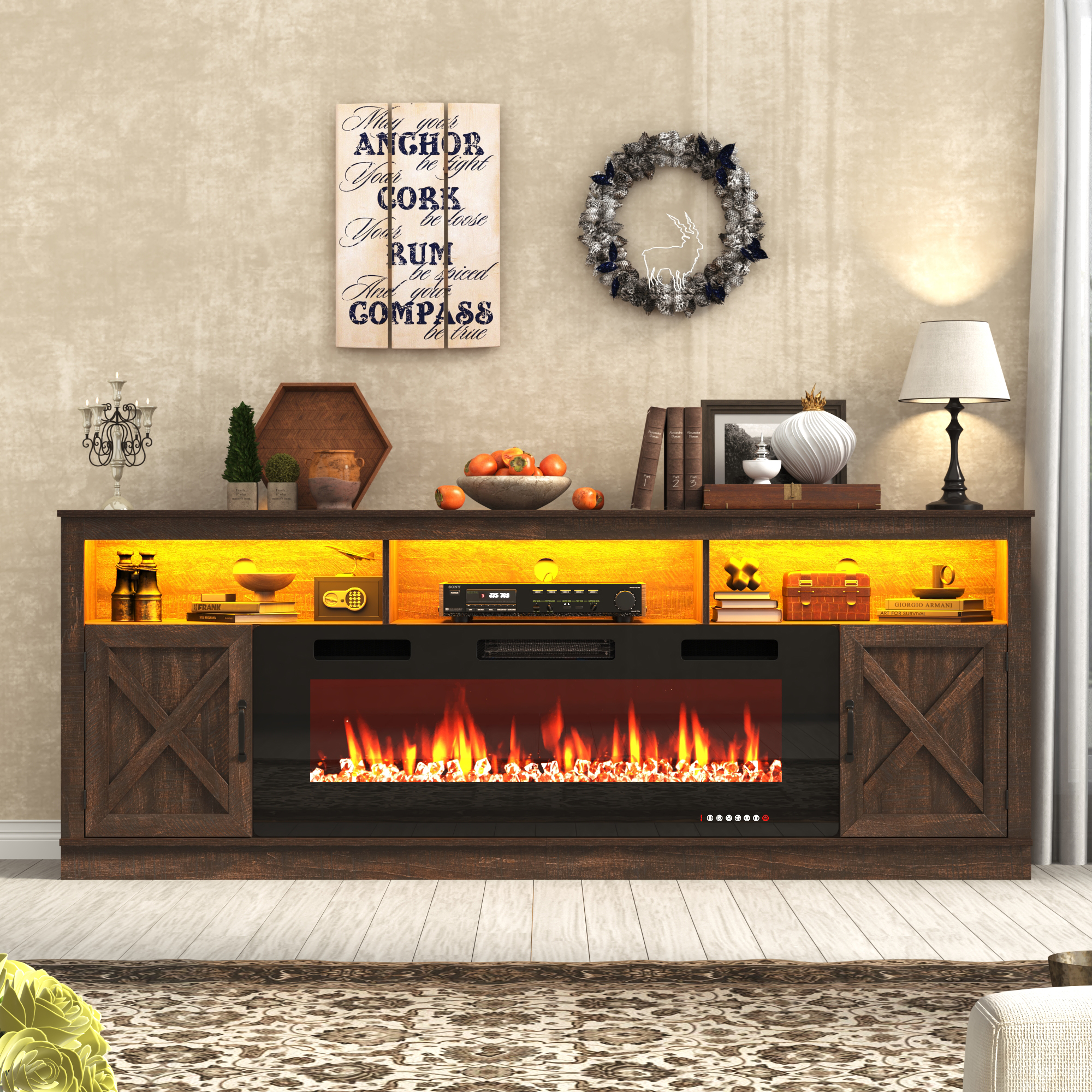 Fireplace TV Stand for 80/85/90 Inch TV with 50" Electric Fireplace, 82.7" Farmhouse Entertainment Center with LED Lights, Tall Media Console with Barn Door for Living Room, Bedroom