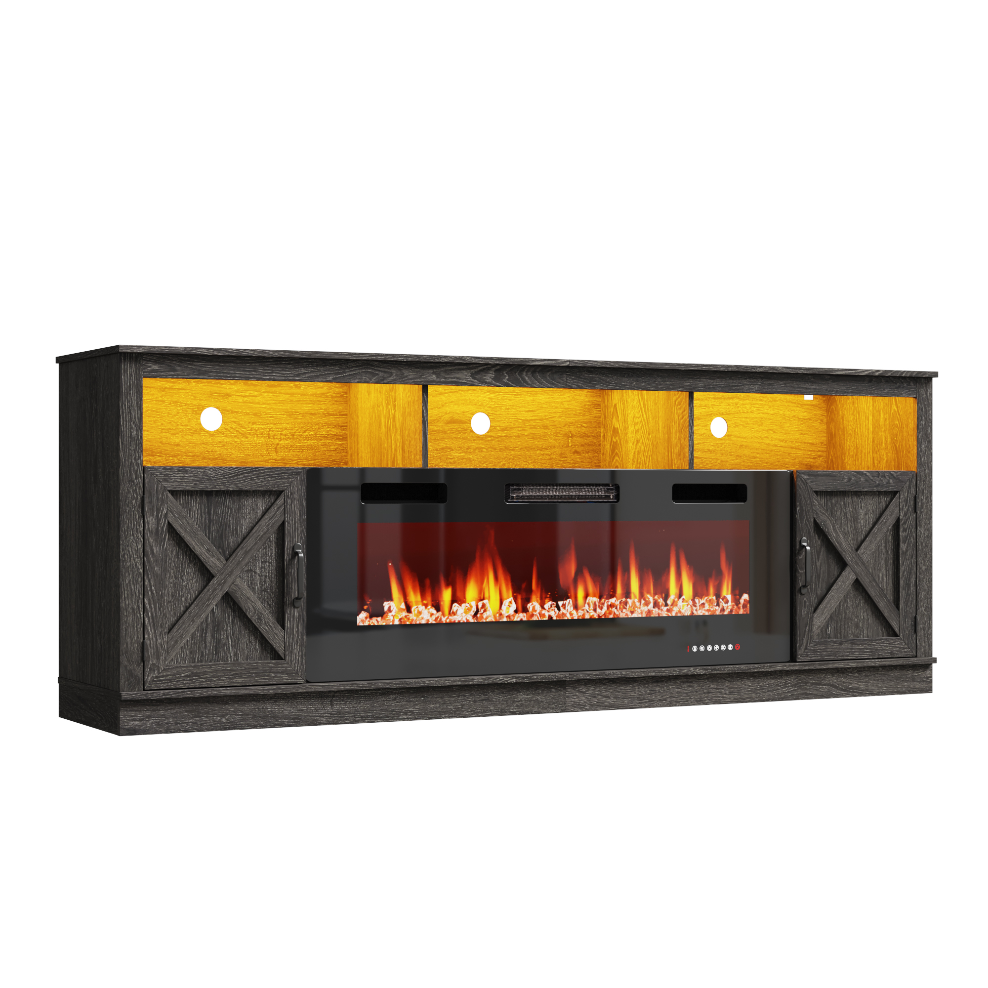 Fireplace TV Stand for 80/85/90 Inch TV with 50" Electric Fireplace, 82.7" Farmhouse Entertainment Center with LED Lights, Tall Media Console with Barn Door for Living Room, Bedroom