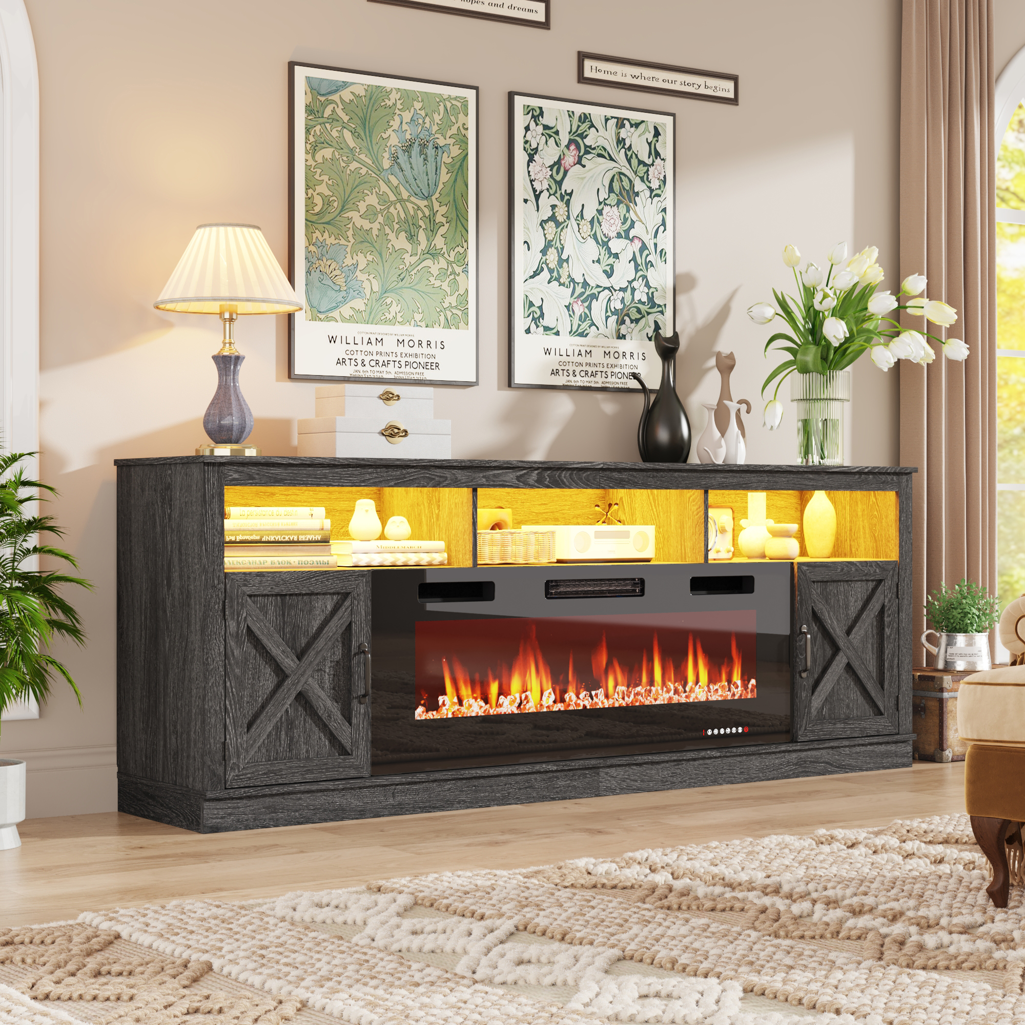 Fireplace TV Stand for 80/85/90 Inch TV with 50" Electric Fireplace, 82.7" Farmhouse Entertainment Center with LED Lights, Tall Media Console with Barn Door for Living Room, Bedroom
