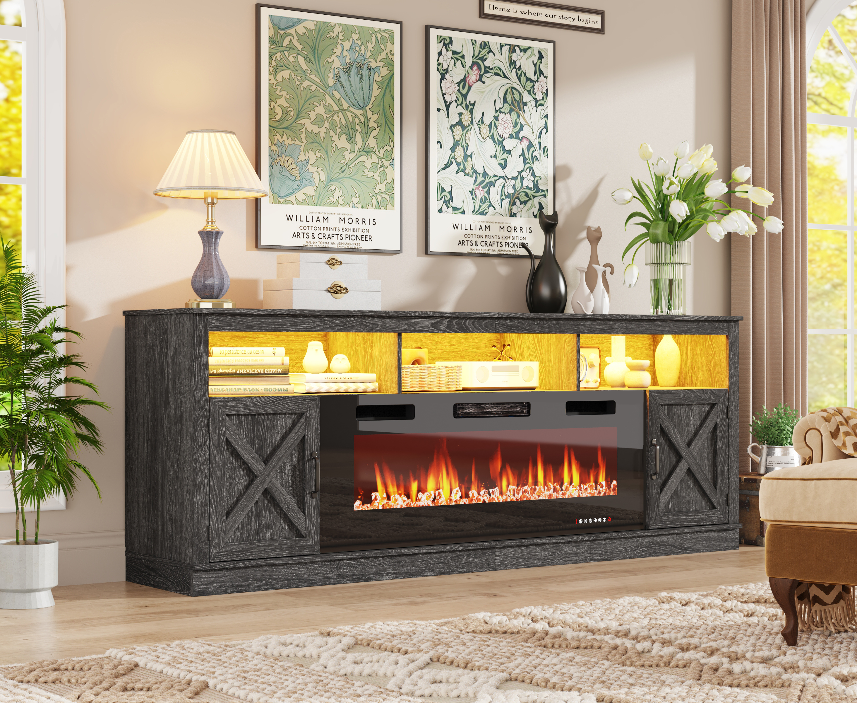 Fireplace TV Stand for 80/85/90 Inch TV with 50" Electric Fireplace, 82.7" Farmhouse Entertainment Center with LED Lights, Tall Media Console with Barn Door for Living Room, Bedroom