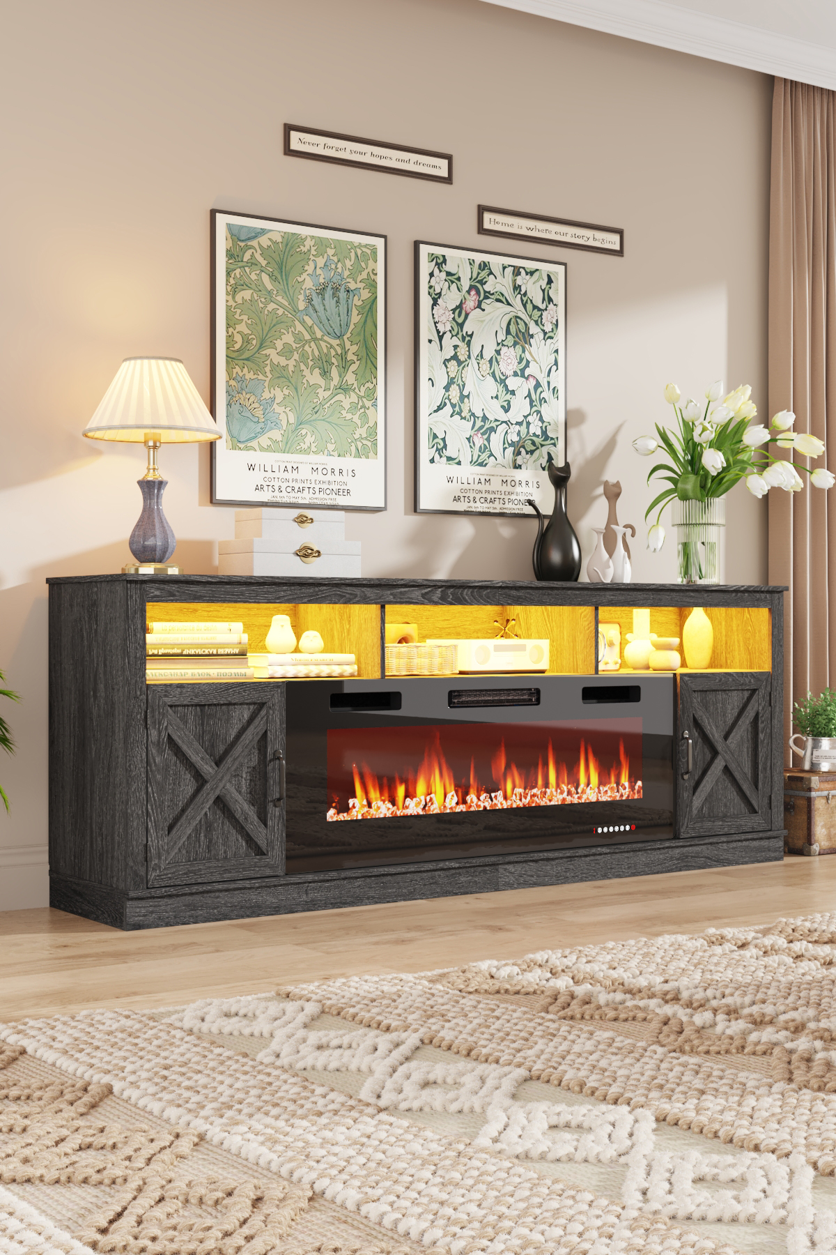 Fireplace TV Stand for 80/85/90 Inch TV with 50" Electric Fireplace, 82.7" Farmhouse Entertainment Center with LED Lights, Tall Media Console with Barn Door for Living Room, Bedroom