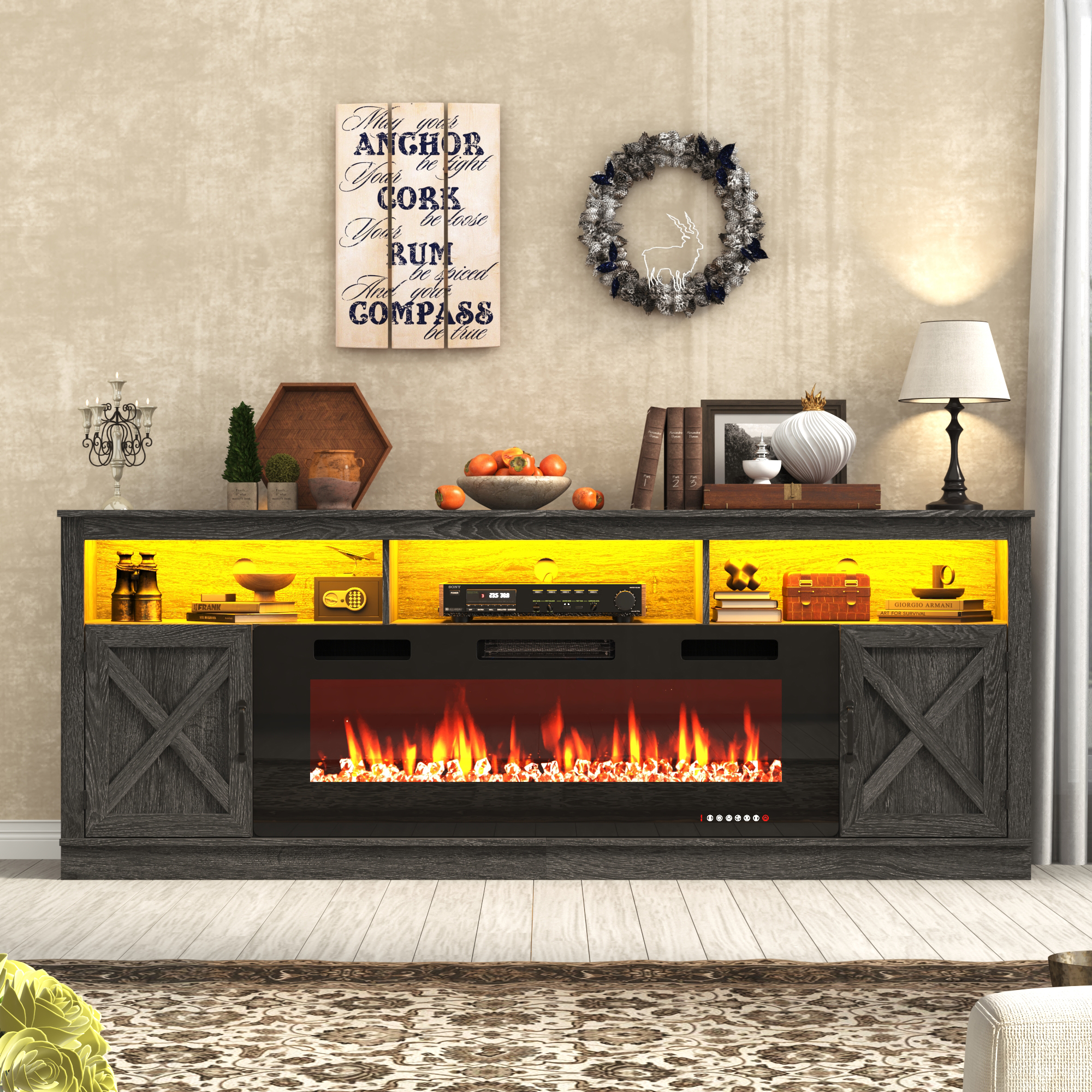 Fireplace TV Stand for 80/85/90 Inch TV with 50" Electric Fireplace, 82.7" Farmhouse Entertainment Center with LED Lights, Tall Media Console with Barn Door for Living Room, Bedroom