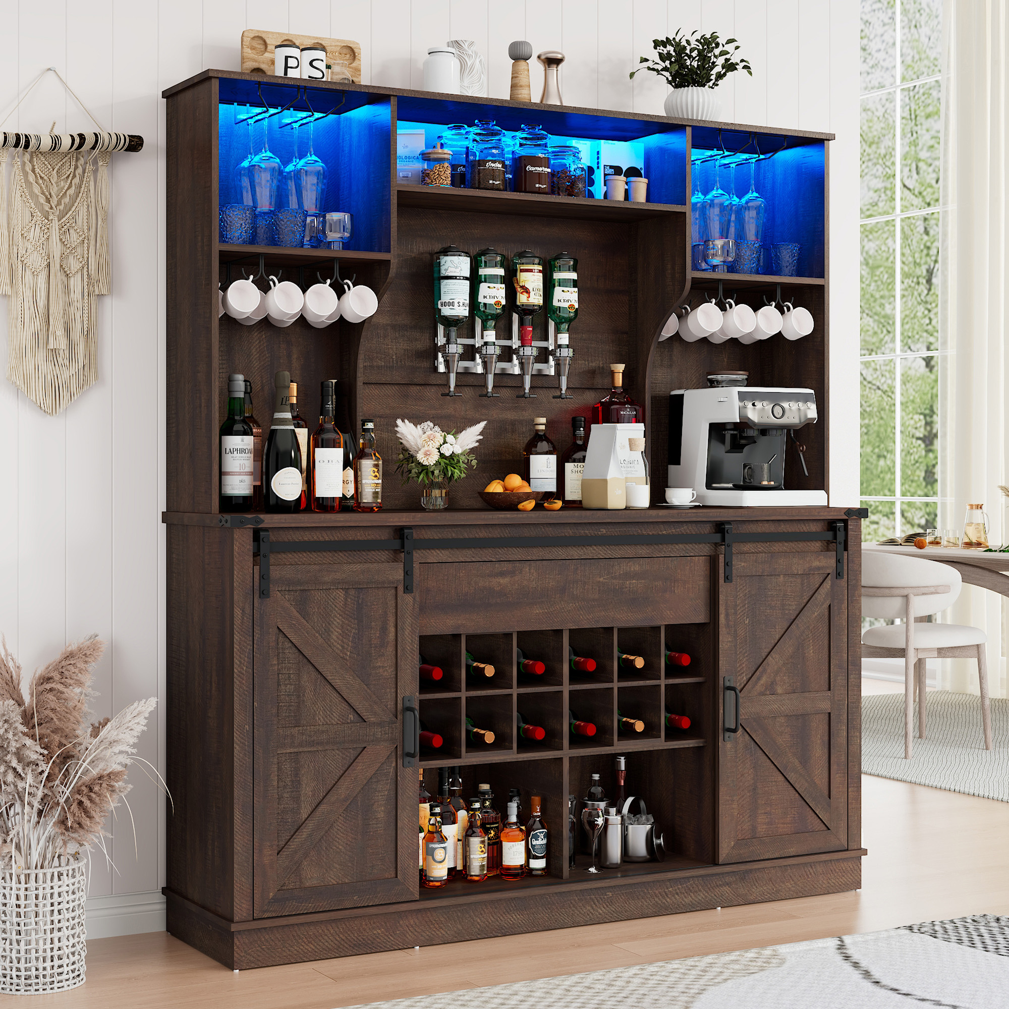 71'' Farmhosue LED Bar Cabinet with Power Outlet&Sliding Barn Door, Large Rustic Coffee Bar Cabinet with Liquor Dispenser, Drawer, Wine Rack, Hook, Glass Holder, Coffee Bar Hutch for Kitchen