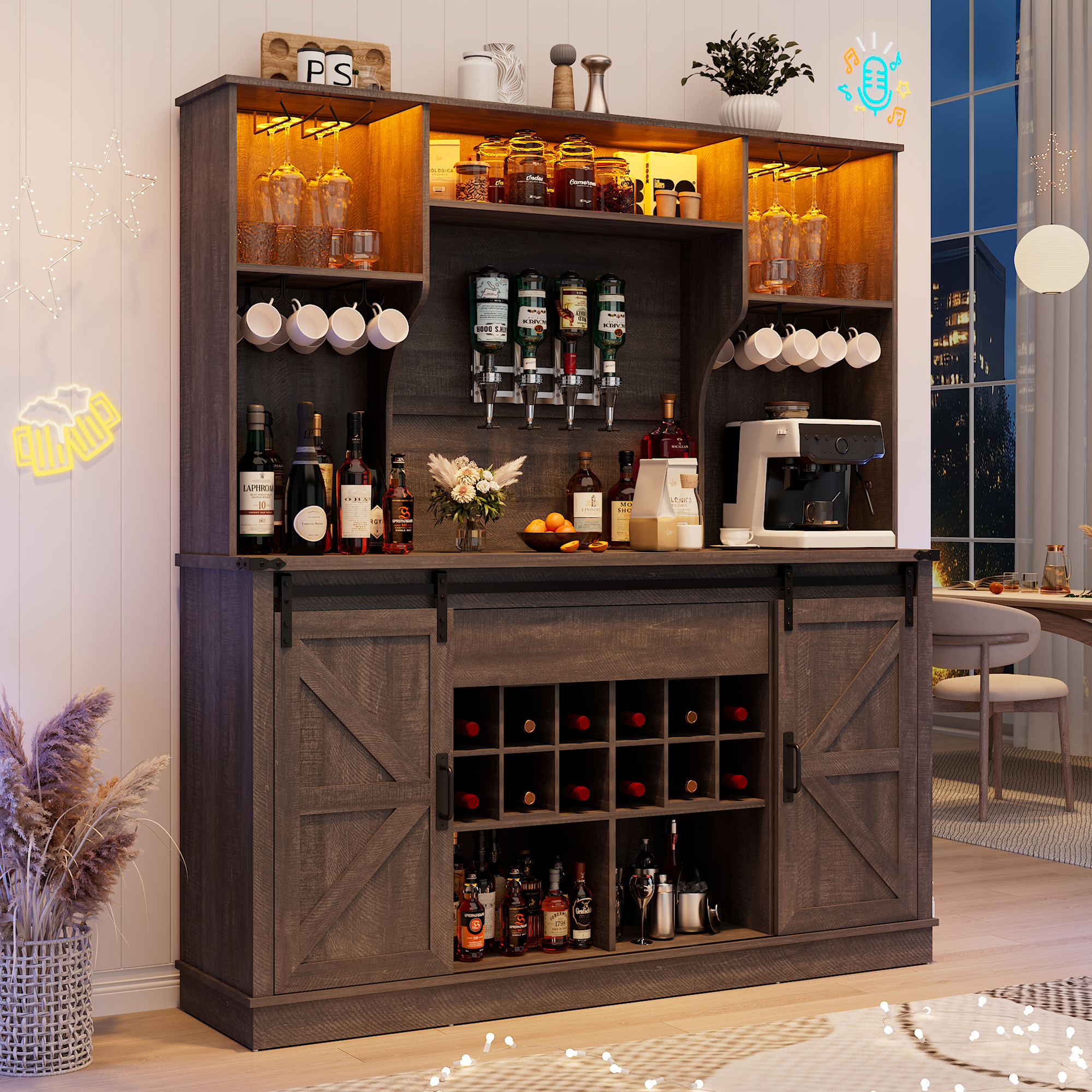71'' Farmhosue LED Bar Cabinet with Power Outlet&Sliding Barn Door, Large Rustic Coffee Bar Cabinet with Liquor Dispenser, Drawer, Wine Rack, Hook, Glass Holder, Coffee Bar Hutch for Kitchen