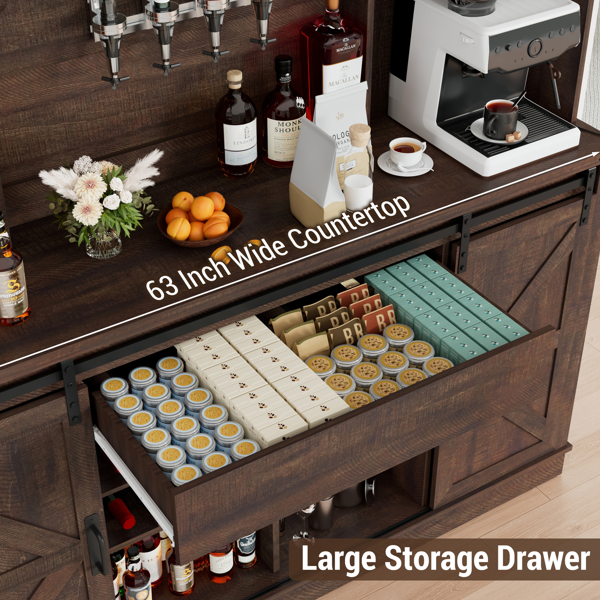 71'' Farmhosue LED Bar Cabinet with Power Outlet&Sliding Barn Door, Large Rustic Coffee Bar Cabinet with Liquor Dispenser, Drawer, Wine Rack, Hook, Glass Holder, Coffee Bar Hutch for Kitchen