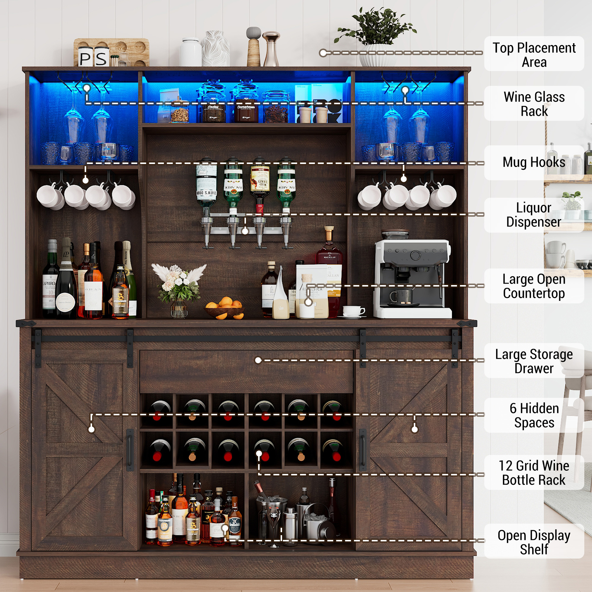 71'' Farmhosue LED Bar Cabinet with Power Outlet&Sliding Barn Door, Large Rustic Coffee Bar Cabinet with Liquor Dispenser, Drawer, Wine Rack, Hook, Glass Holder, Coffee Bar Hutch for Kitchen