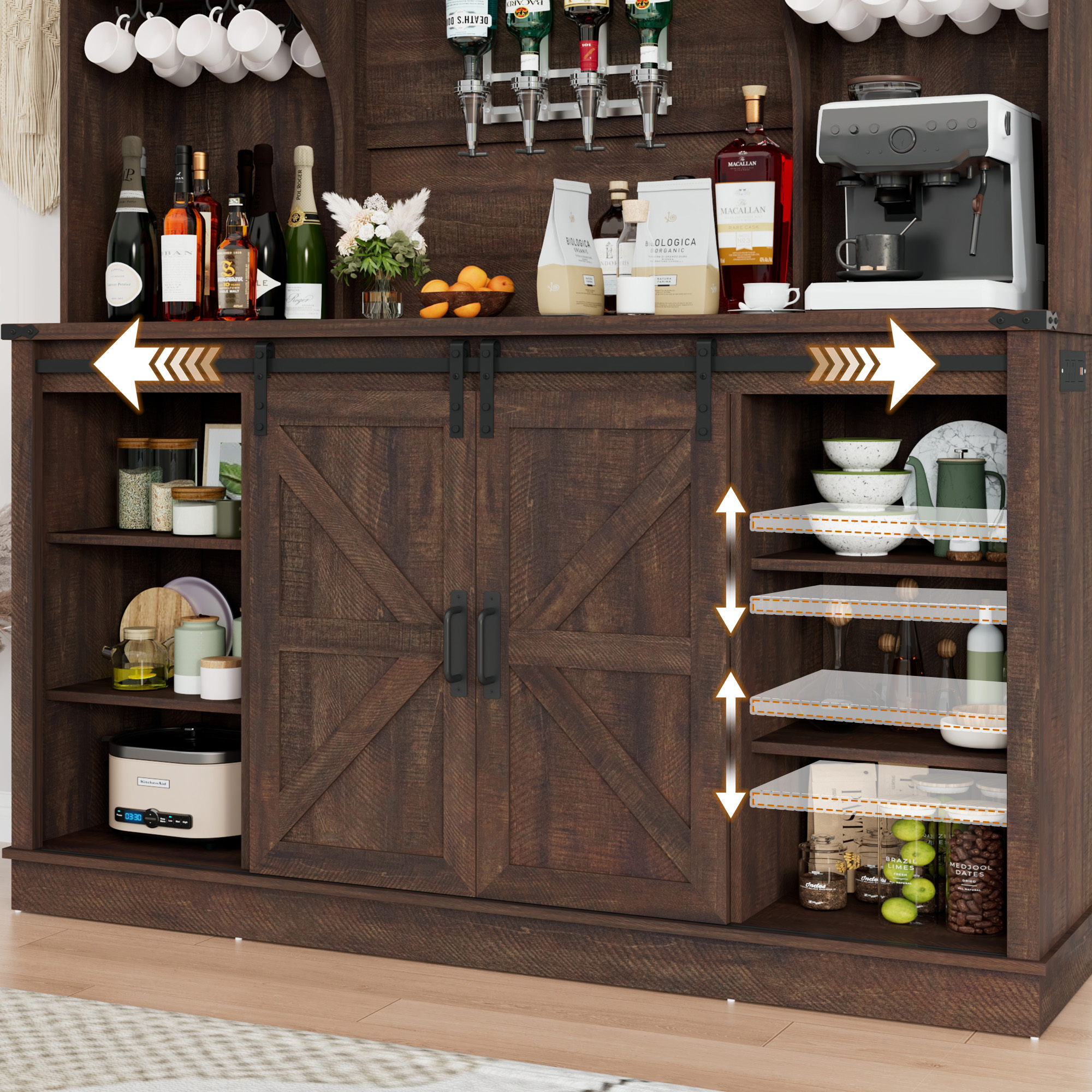 71'' Farmhosue LED Bar Cabinet with Power Outlet&Sliding Barn Door, Large Rustic Coffee Bar Cabinet with Liquor Dispenser, Drawer, Wine Rack, Hook, Glass Holder, Coffee Bar Hutch for Kitchen
