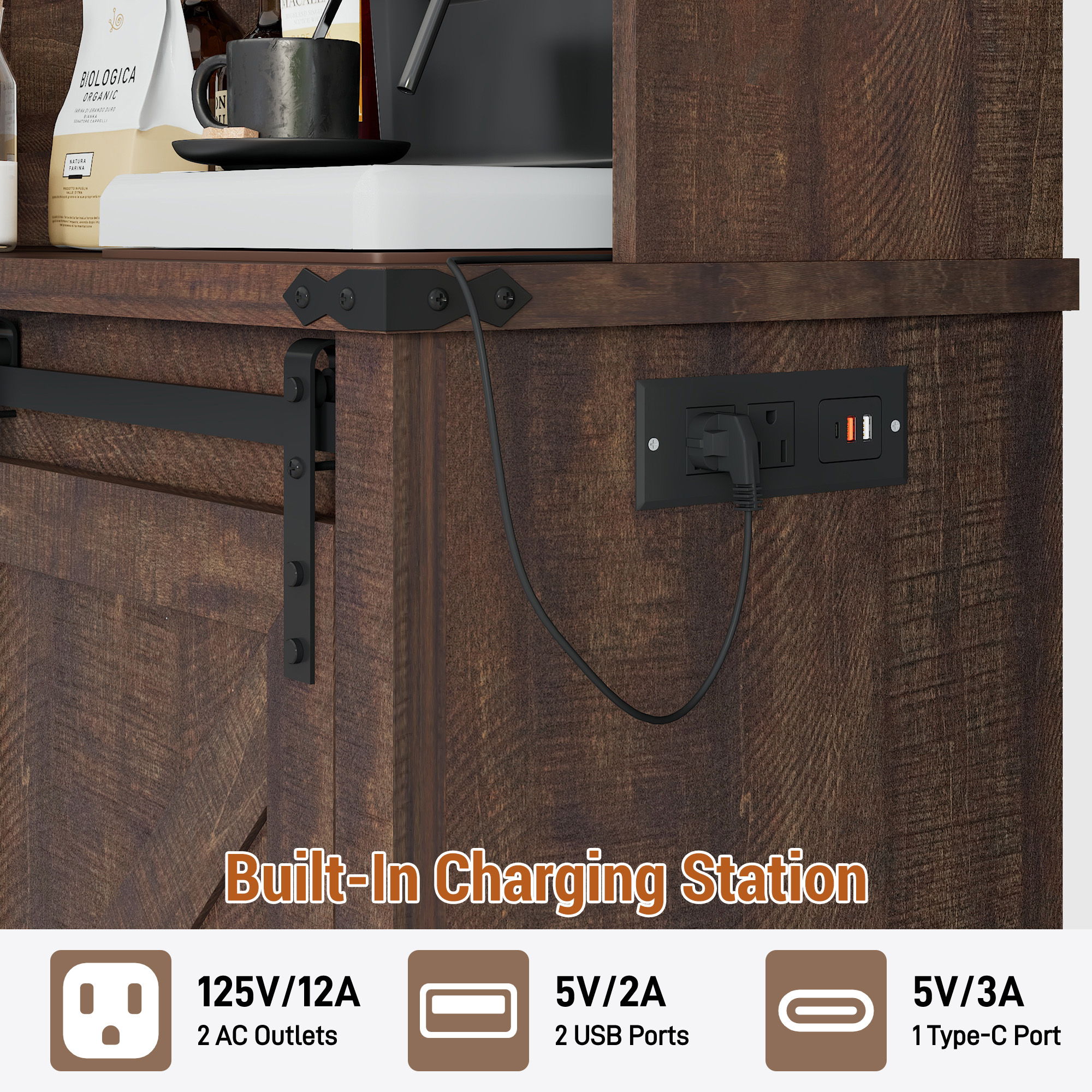 71'' Farmhosue LED Bar Cabinet with Power Outlet&Sliding Barn Door, Large Rustic Coffee Bar Cabinet with Liquor Dispenser, Drawer, Wine Rack, Hook, Glass Holder, Coffee Bar Hutch for Kitchen