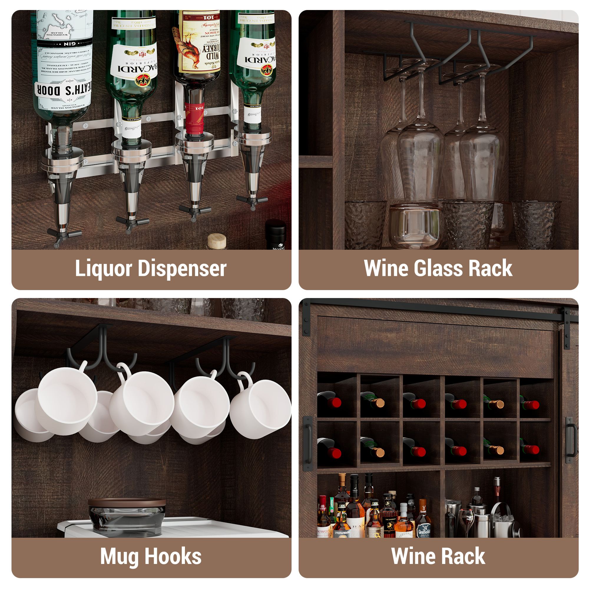 71'' Farmhosue LED Bar Cabinet with Power Outlet&Sliding Barn Door, Large Rustic Coffee Bar Cabinet with Liquor Dispenser, Drawer, Wine Rack, Hook, Glass Holder, Coffee Bar Hutch for Kitchen