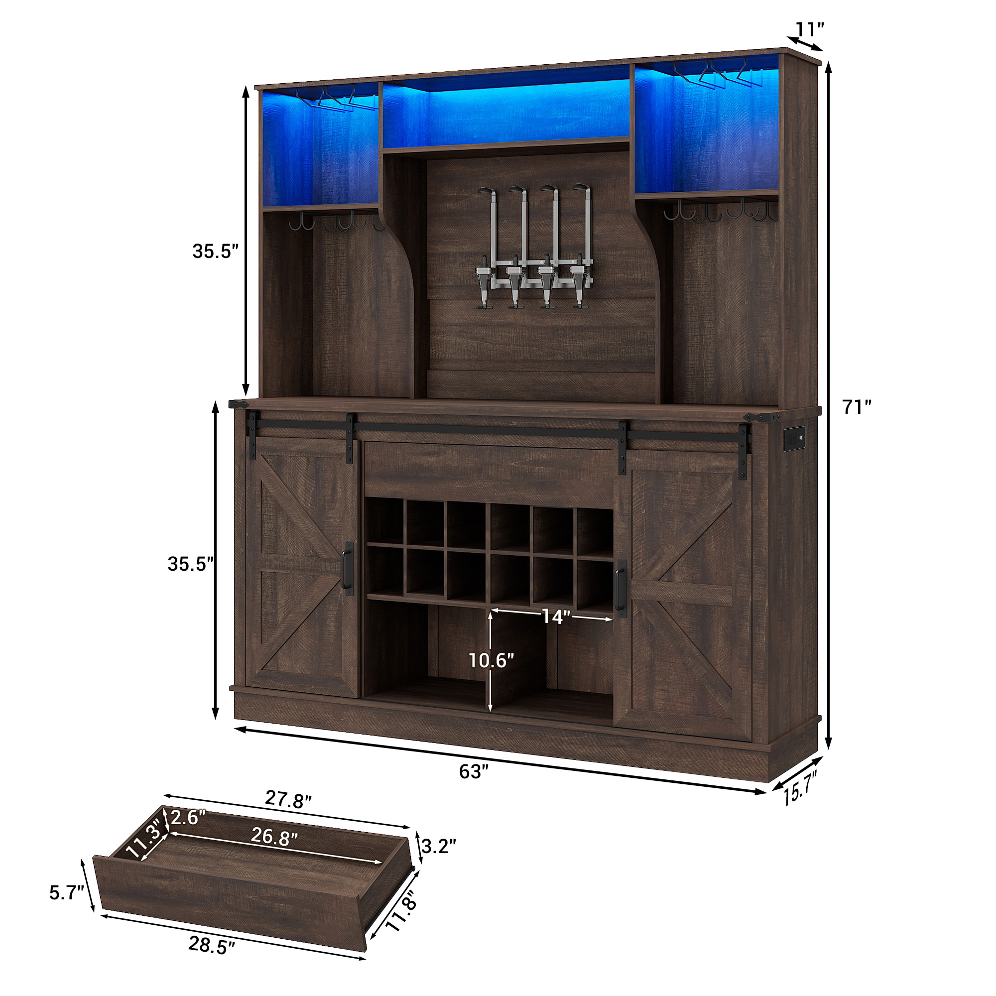 71'' Farmhosue LED Bar Cabinet with Power Outlet&Sliding Barn Door, Large Rustic Coffee Bar Cabinet with Liquor Dispenser, Drawer, Wine Rack, Hook, Glass Holder, Coffee Bar Hutch for Kitchen