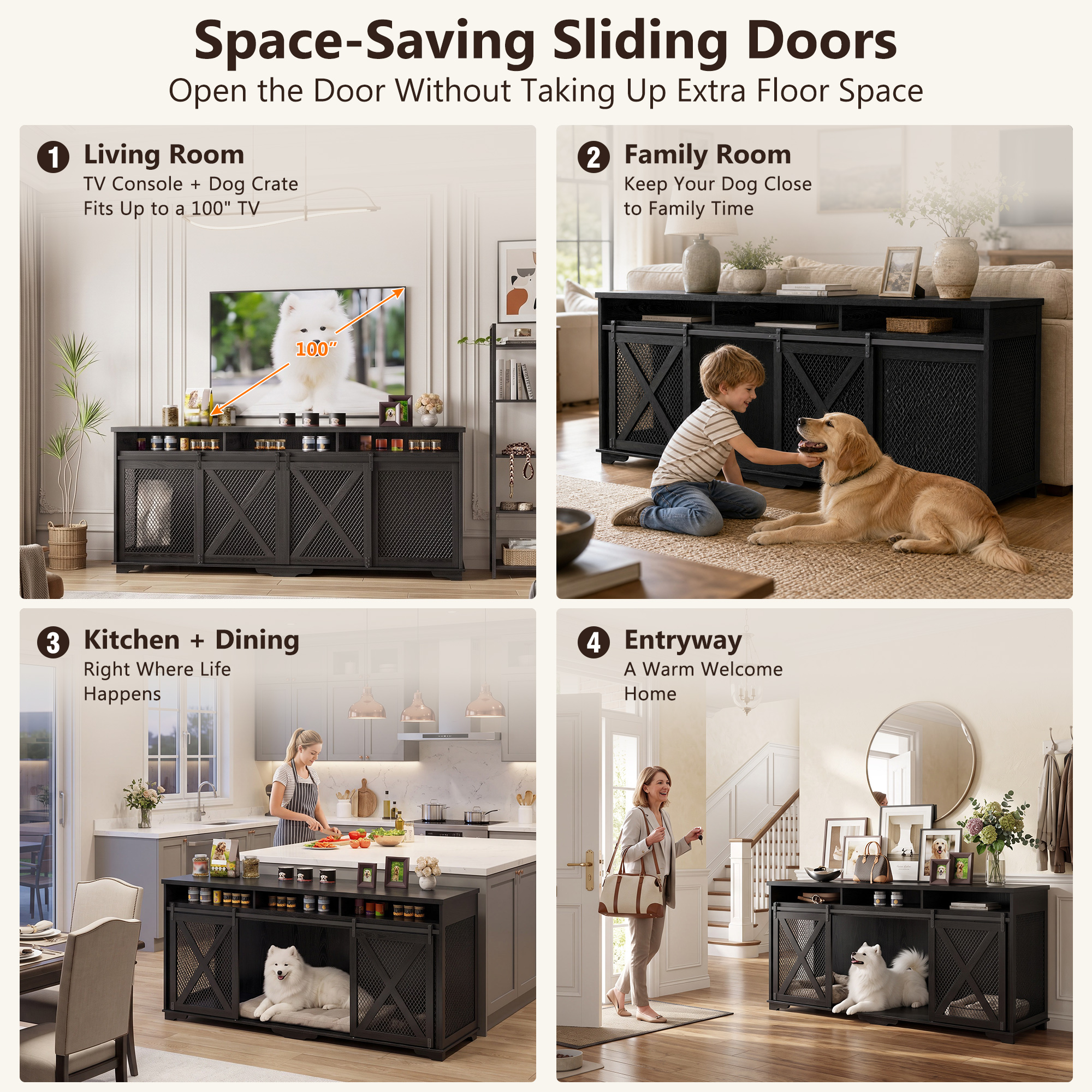 ANPOO 94.5" Furniture Style Dog Crate TV Stand, Large Wooden Dog Kennel with Sliding Mesh Doors, Divider for 1 or 2 Dogs, Fits Up to 100 inch TV, Indoor Pet Crate Cabinet for Living Room