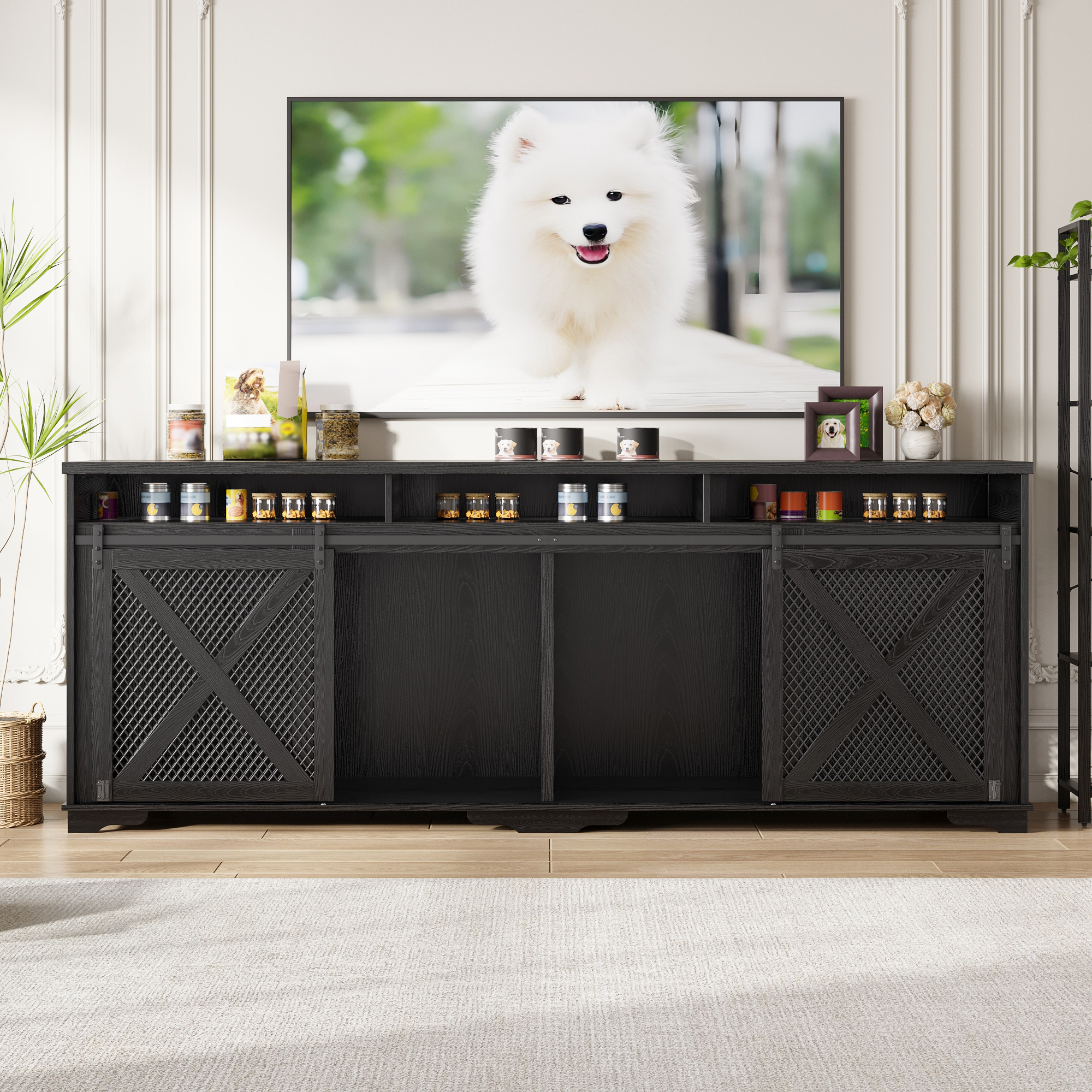 ANPOO 94.5" Furniture Style Dog Crate TV Stand, Large Wooden Dog Kennel with Sliding Mesh Doors, Divider for 1 or 2 Dogs, Fits Up to 100 inch TV, Indoor Pet Crate Cabinet for Living Room