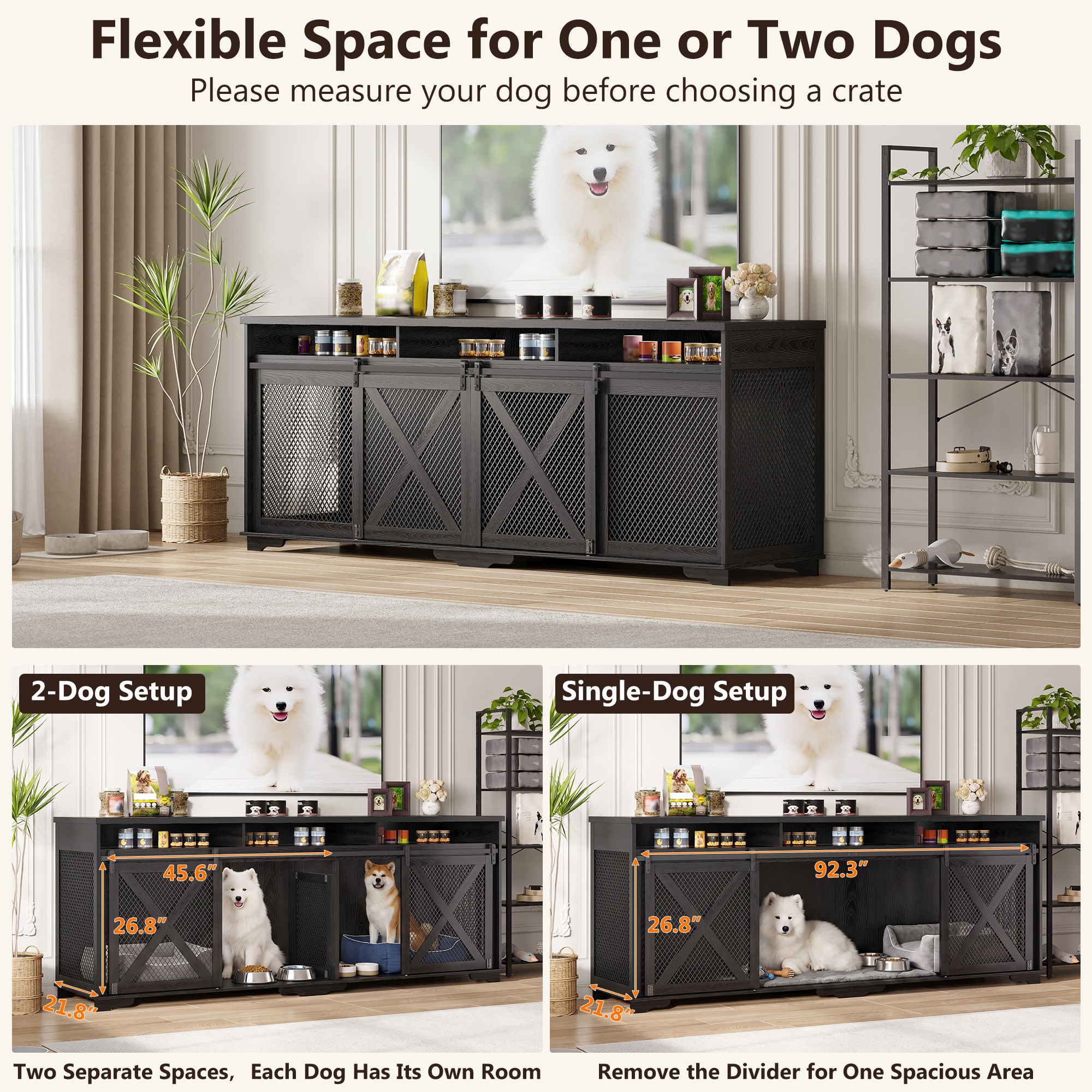 ANPOO 94.5" Furniture Style Dog Crate TV Stand, Large Wooden Dog Kennel with Sliding Mesh Doors, Divider for 1 or 2 Dogs, Fits Up to 100 inch TV, Indoor Pet Crate Cabinet for Living Room