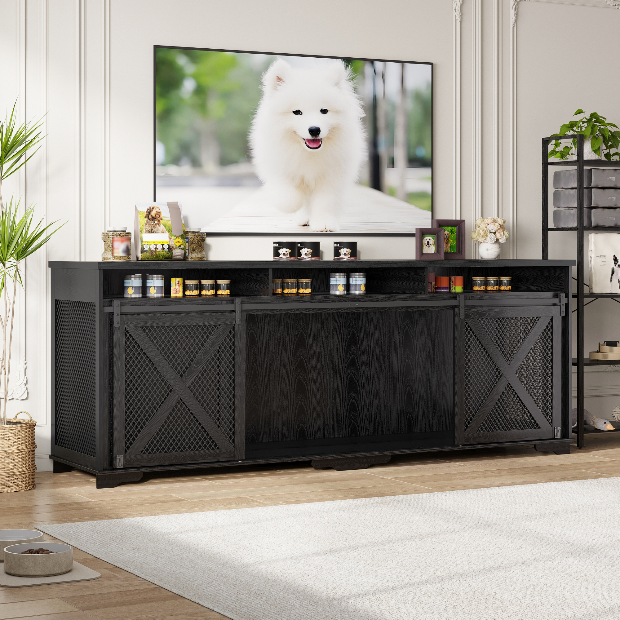 ANPOO 94.5" Furniture Style Dog Crate TV Stand, Large Wooden Dog Kennel with Sliding Mesh Doors, Divider for 1 or 2 Dogs, Fits Up to 100 inch TV, Indoor Pet Crate Cabinet for Living Room