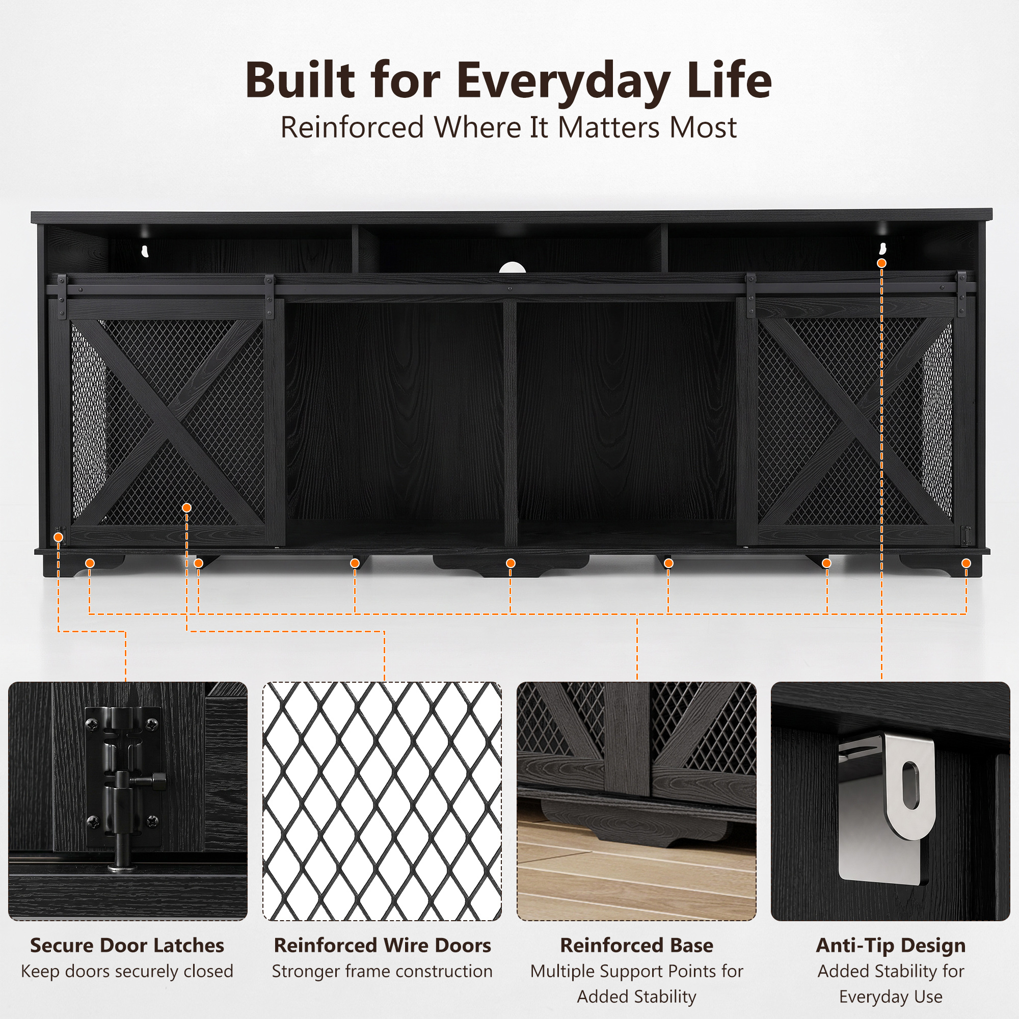 ANPOO 94.5" Furniture Style Dog Crate TV Stand, Large Wooden Dog Kennel with Sliding Mesh Doors, Divider for 1 or 2 Dogs, Fits Up to 100 inch TV, Indoor Pet Crate Cabinet for Living Room
