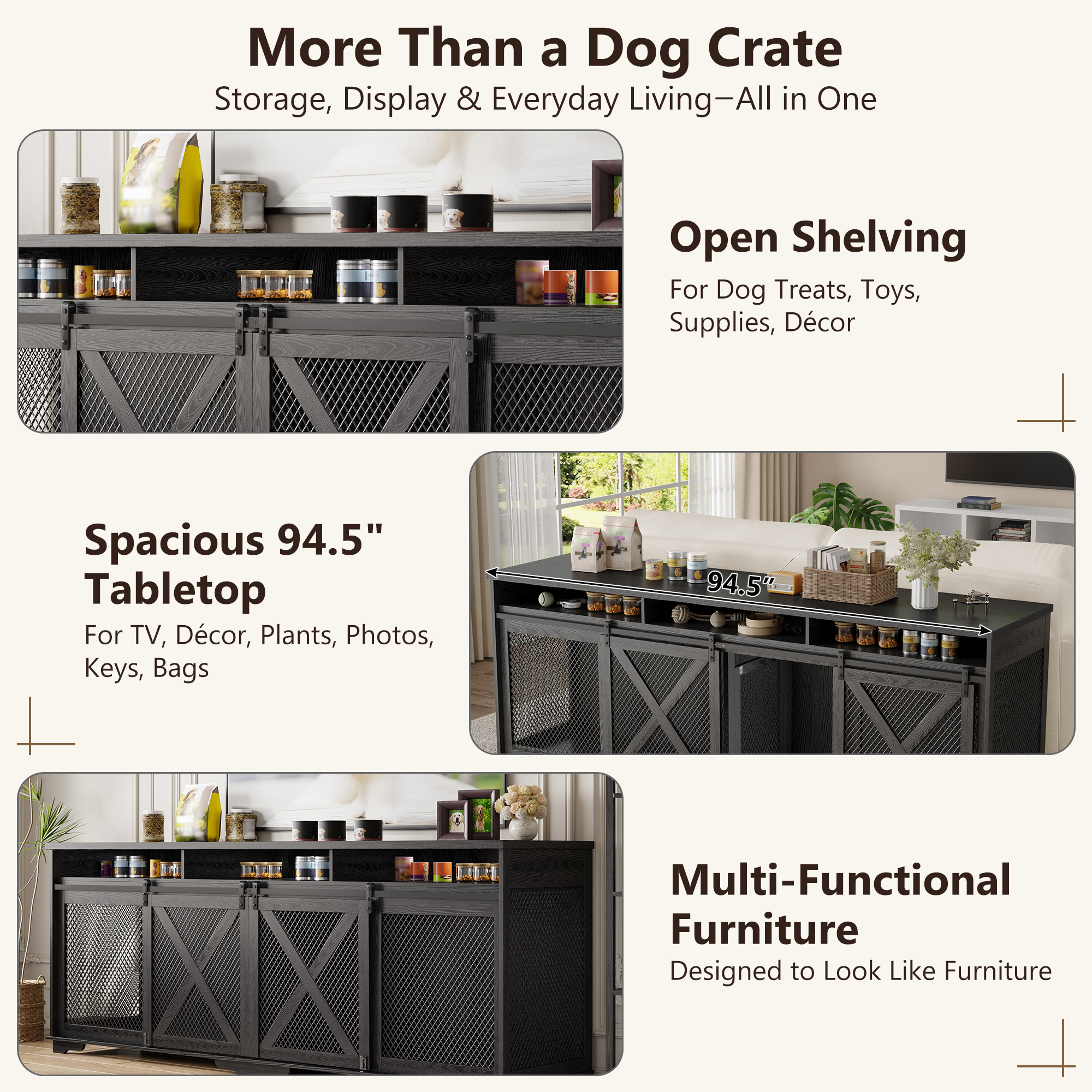 ANPOO 94.5" Furniture Style Dog Crate TV Stand, Large Wooden Dog Kennel with Sliding Mesh Doors, Divider for 1 or 2 Dogs, Fits Up to 100 inch TV, Indoor Pet Crate Cabinet for Living Room
