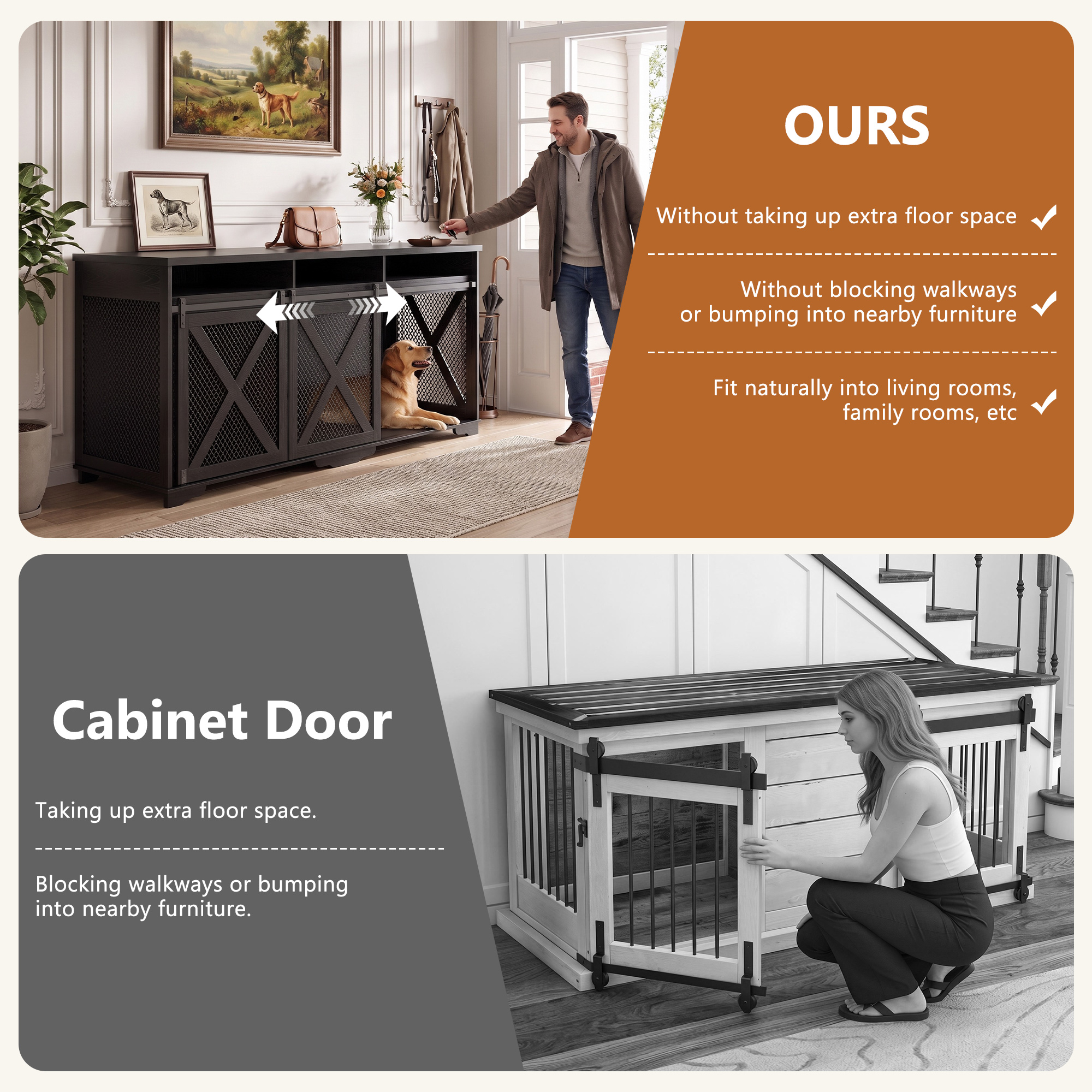 ANPOO 94.5" Furniture Style Dog Crate TV Stand, Large Wooden Dog Kennel with Sliding Mesh Doors, Divider for 1 or 2 Dogs, Fits Up to 100 inch TV, Indoor Pet Crate Cabinet for Living Room