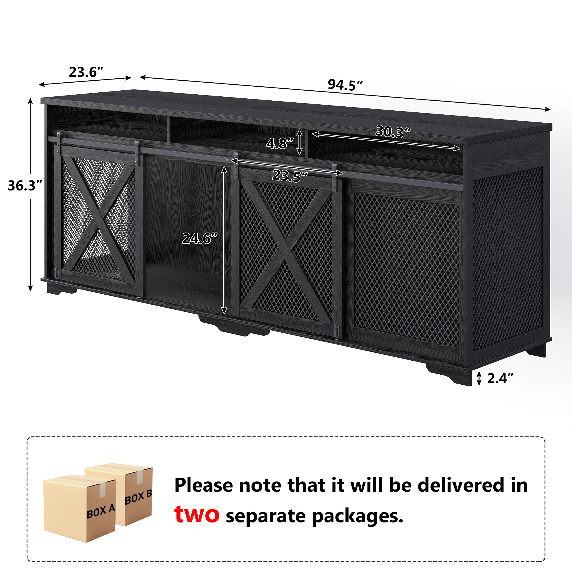 ANPOO 94.5" Furniture Style Dog Crate TV Stand, Large Wooden Dog Kennel with Sliding Mesh Doors, Divider for 1 or 2 Dogs, Fits Up to 100 inch TV, Indoor Pet Crate Cabinet for Living Room