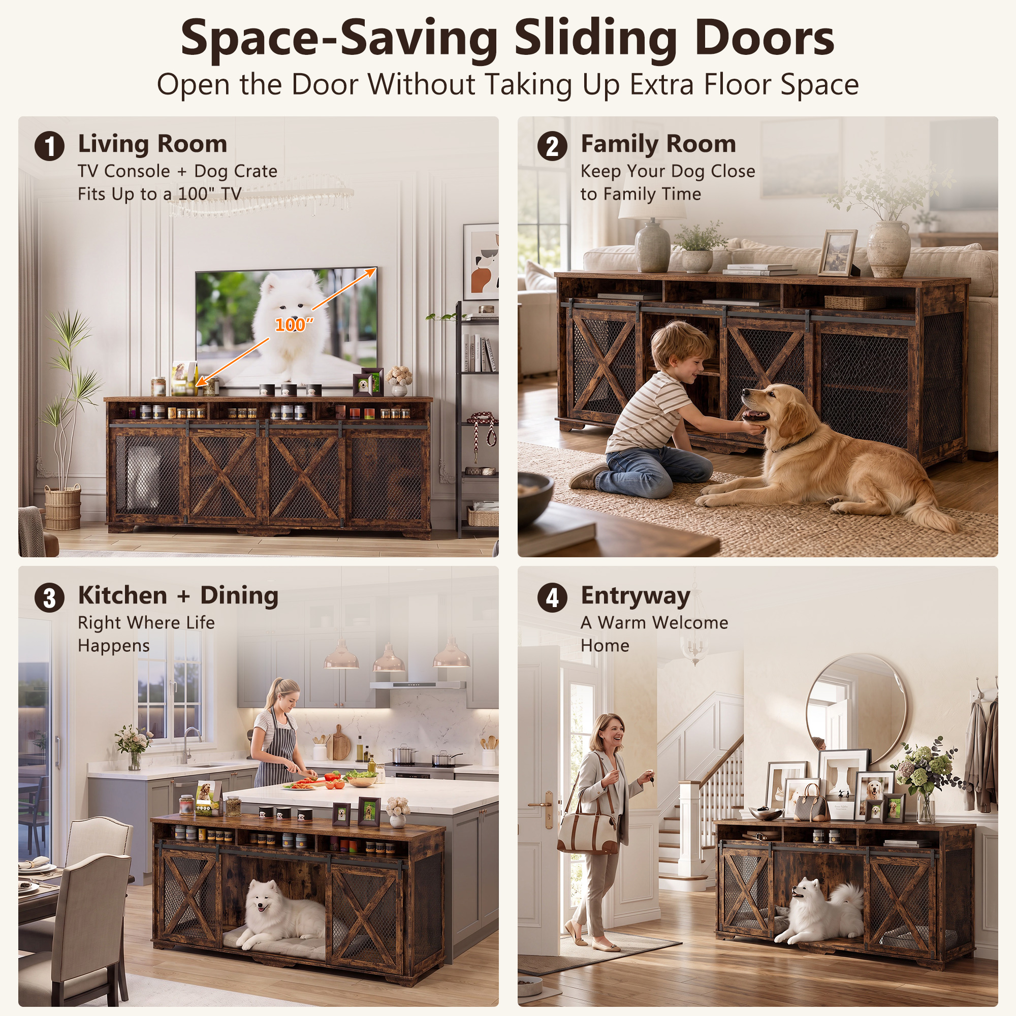 ANPOO 94.5" Furniture Style Dog Crate TV Stand, Large Wooden Dog Kennel with Sliding Mesh Doors, Divider for 1 or 2 Dogs, Fits Up to 100 inch TV, Indoor Pet Crate Cabinet for Living Room