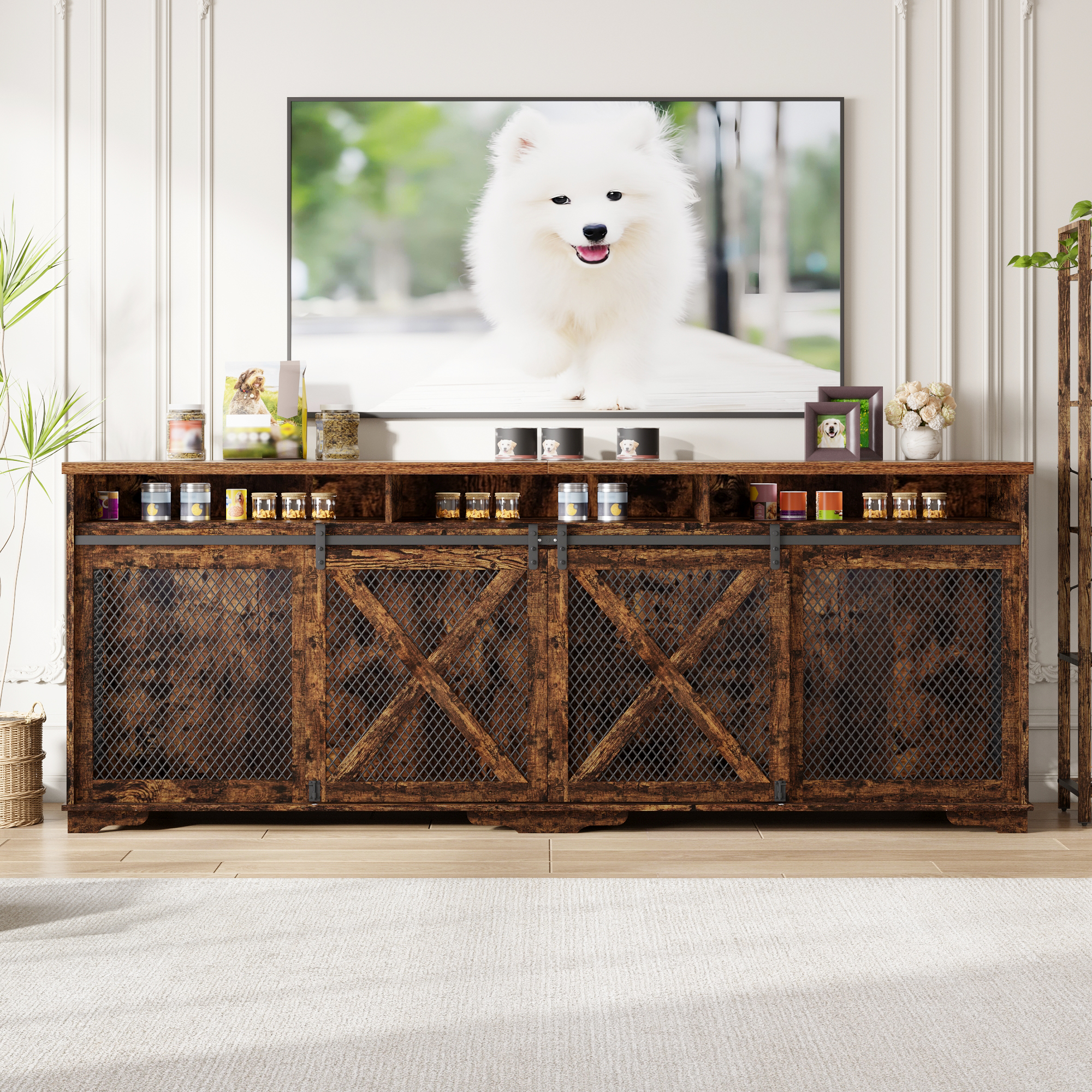 ANPOO 94.5" Furniture Style Dog Crate TV Stand, Large Wooden Dog Kennel with Sliding Mesh Doors, Divider for 1 or 2 Dogs, Fits Up to 100 inch TV, Indoor Pet Crate Cabinet for Living Room