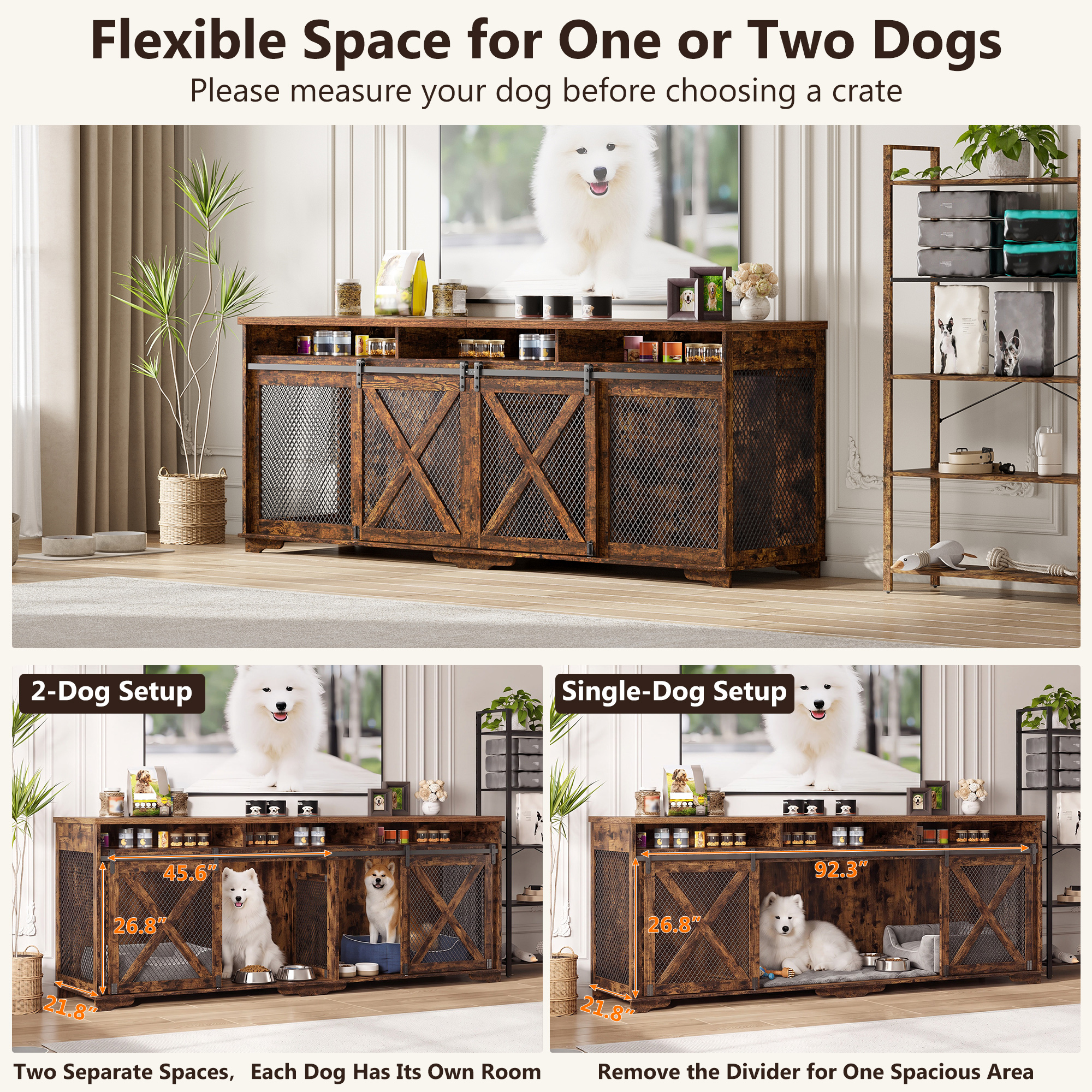 ANPOO 94.5" Furniture Style Dog Crate TV Stand, Large Wooden Dog Kennel with Sliding Mesh Doors, Divider for 1 or 2 Dogs, Fits Up to 100 inch TV, Indoor Pet Crate Cabinet for Living Room