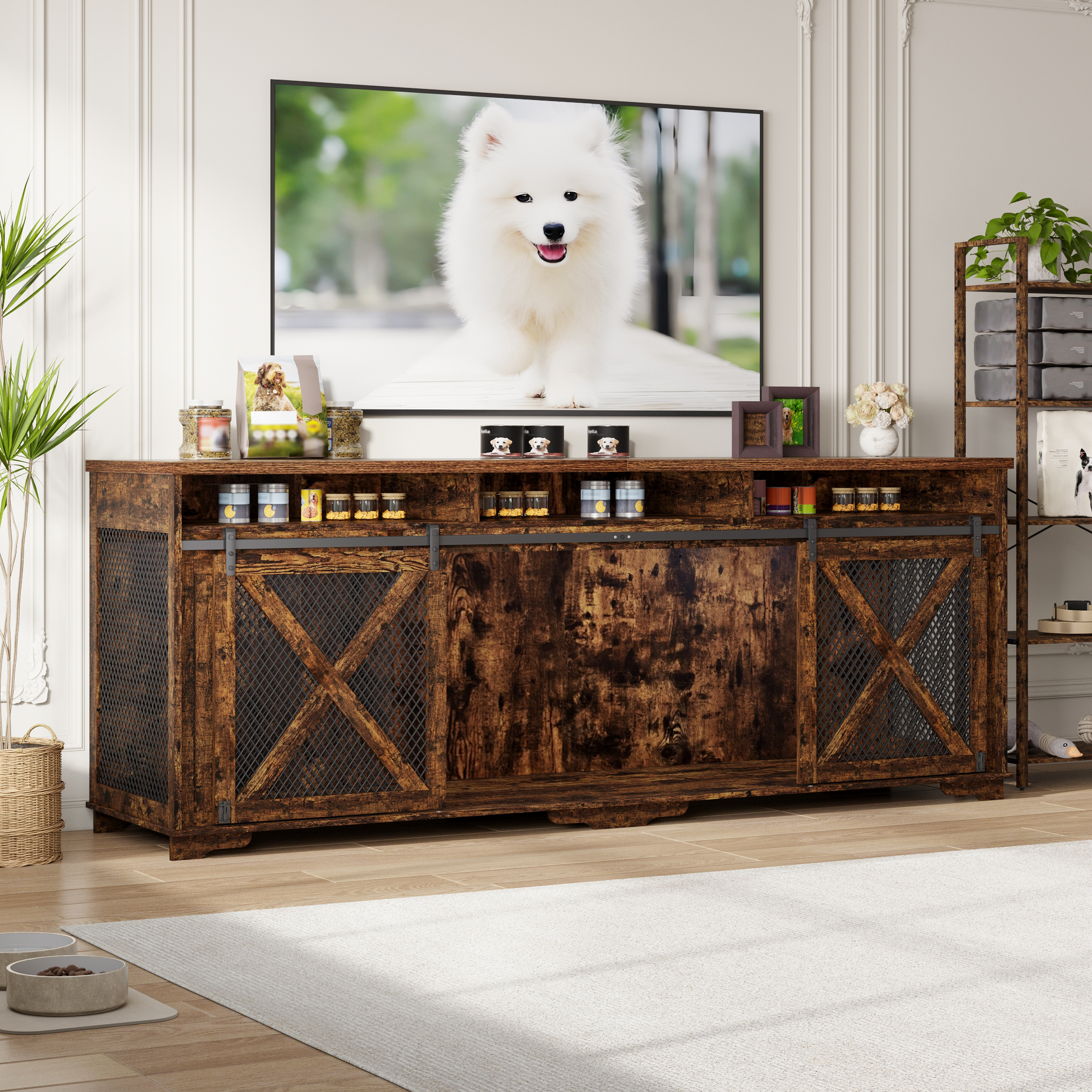 ANPOO 94.5" Furniture Style Dog Crate TV Stand, Large Wooden Dog Kennel with Sliding Mesh Doors, Divider for 1 or 2 Dogs, Fits Up to 100 inch TV, Indoor Pet Crate Cabinet for Living Room