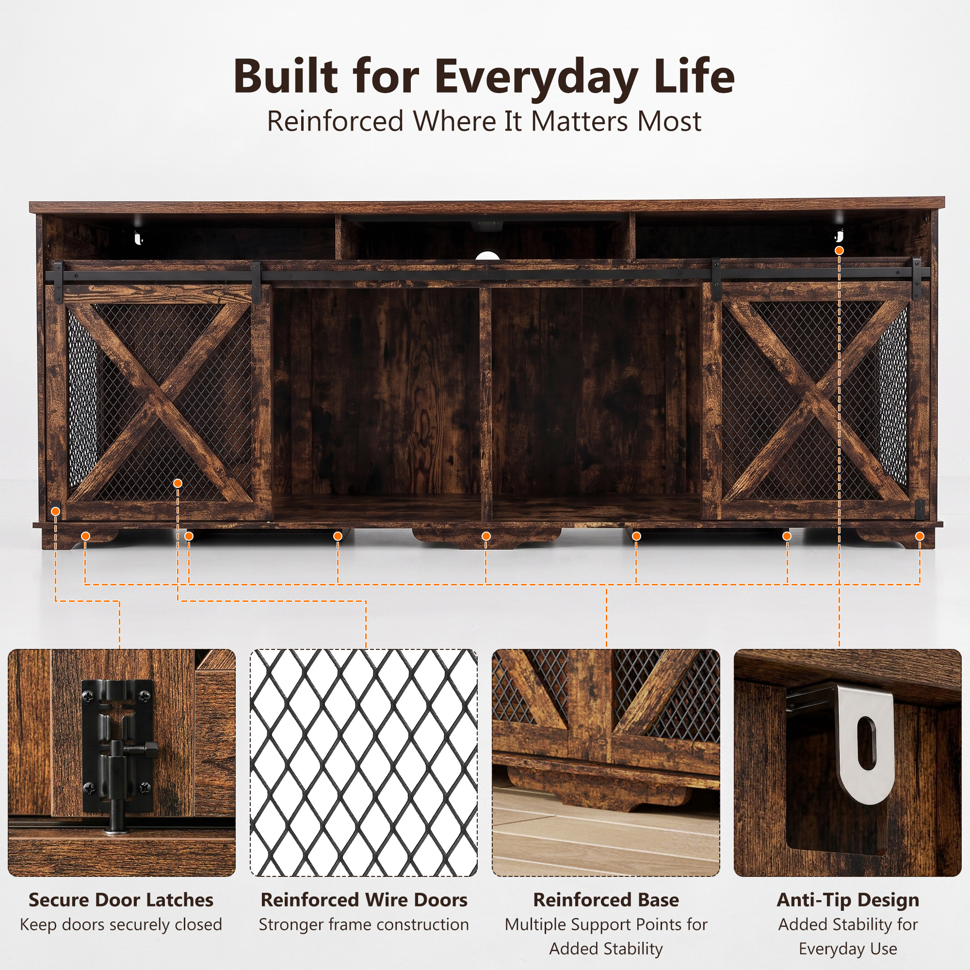 ANPOO 94.5" Furniture Style Dog Crate TV Stand, Large Wooden Dog Kennel with Sliding Mesh Doors, Divider for 1 or 2 Dogs, Fits Up to 100 inch TV, Indoor Pet Crate Cabinet for Living Room