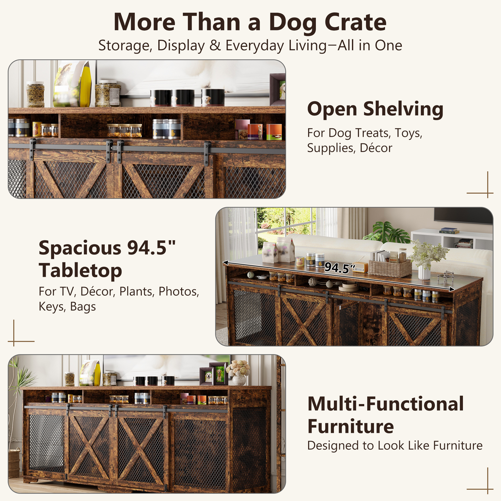 ANPOO 94.5" Furniture Style Dog Crate TV Stand, Large Wooden Dog Kennel with Sliding Mesh Doors, Divider for 1 or 2 Dogs, Fits Up to 100 inch TV, Indoor Pet Crate Cabinet for Living Room
