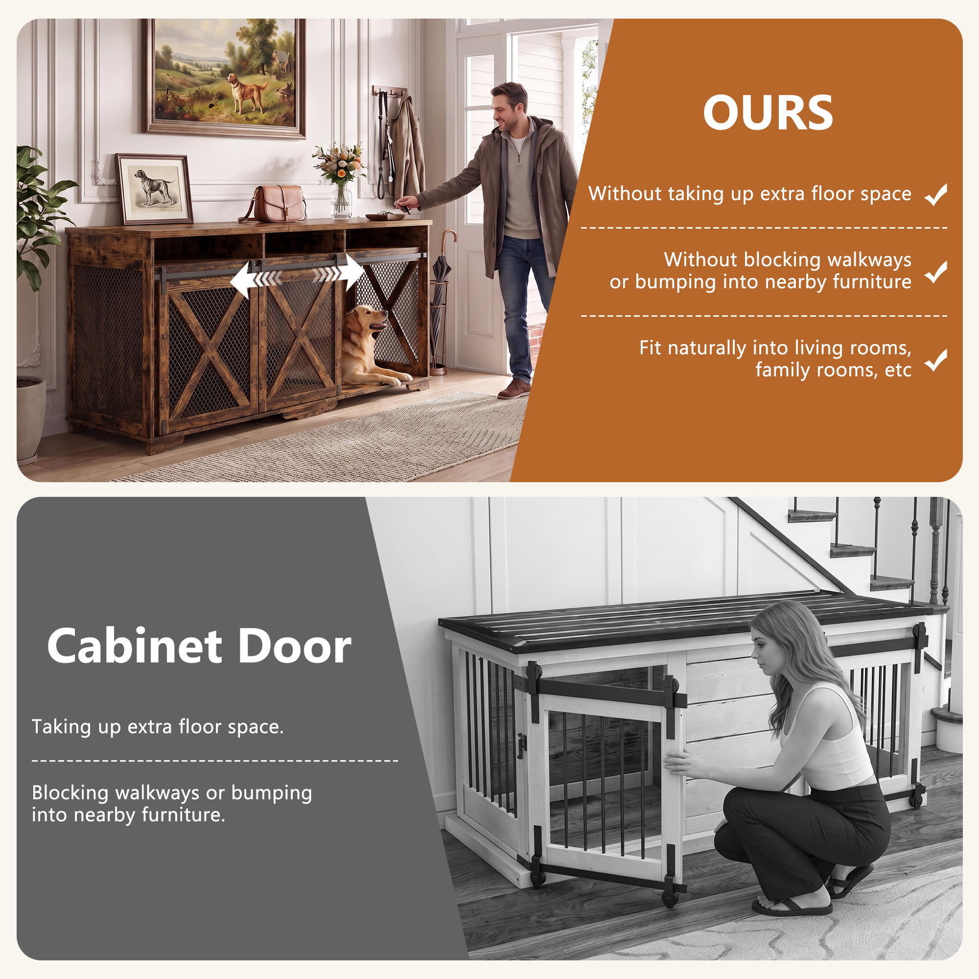 ANPOO 94.5" Furniture Style Dog Crate TV Stand, Large Wooden Dog Kennel with Sliding Mesh Doors, Divider for 1 or 2 Dogs, Fits Up to 100 inch TV, Indoor Pet Crate Cabinet for Living Room