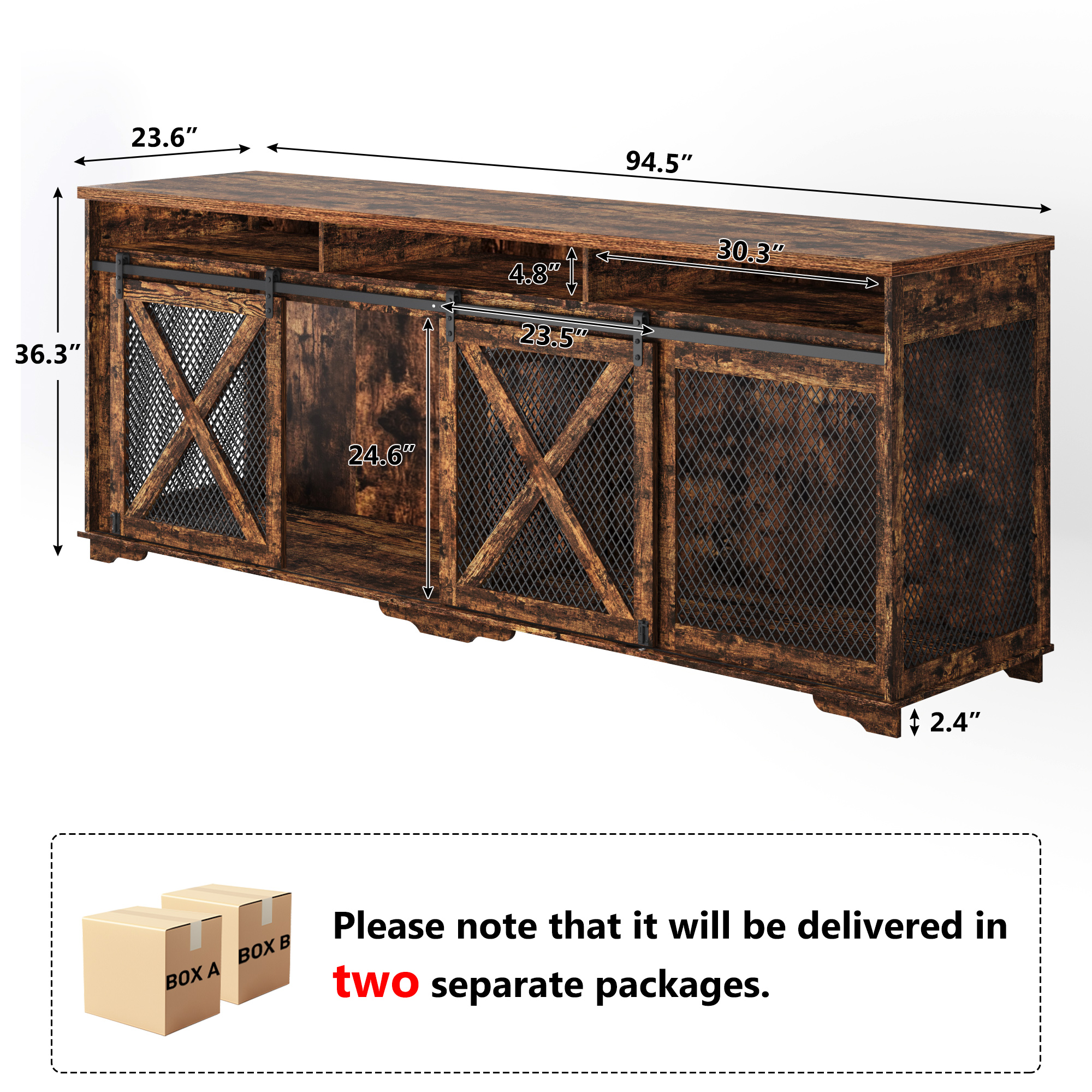 ANPOO 94.5" Furniture Style Dog Crate TV Stand, Large Wooden Dog Kennel with Sliding Mesh Doors, Divider for 1 or 2 Dogs, Fits Up to 100 inch TV, Indoor Pet Crate Cabinet for Living Room