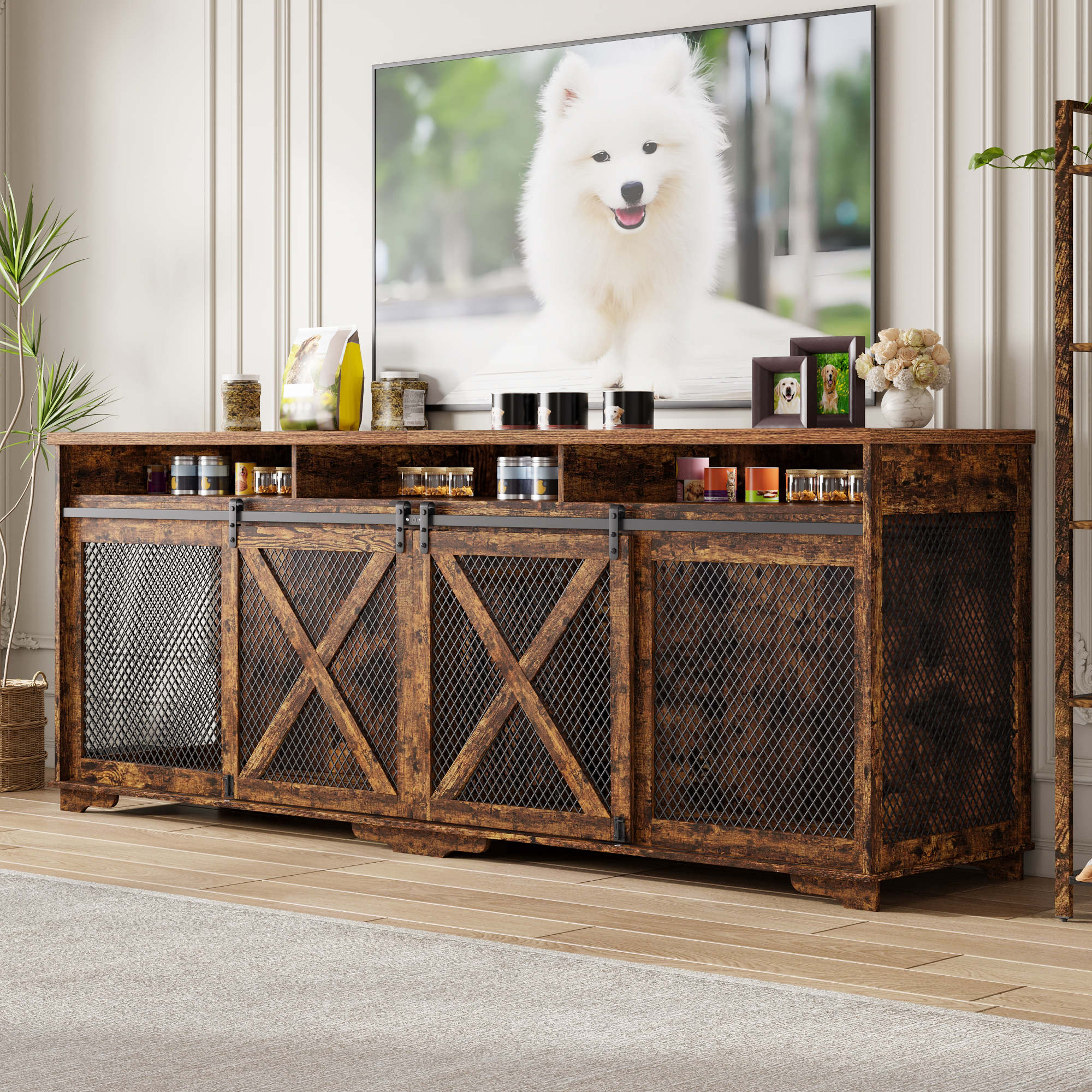 ANPOO 94.5" Furniture Style Dog Crate TV Stand, Large Wooden Dog Kennel with Sliding Mesh Doors, Divider for 1 or 2 Dogs, Fits Up to 100 inch TV, Indoor Pet Crate Cabinet for Living Room