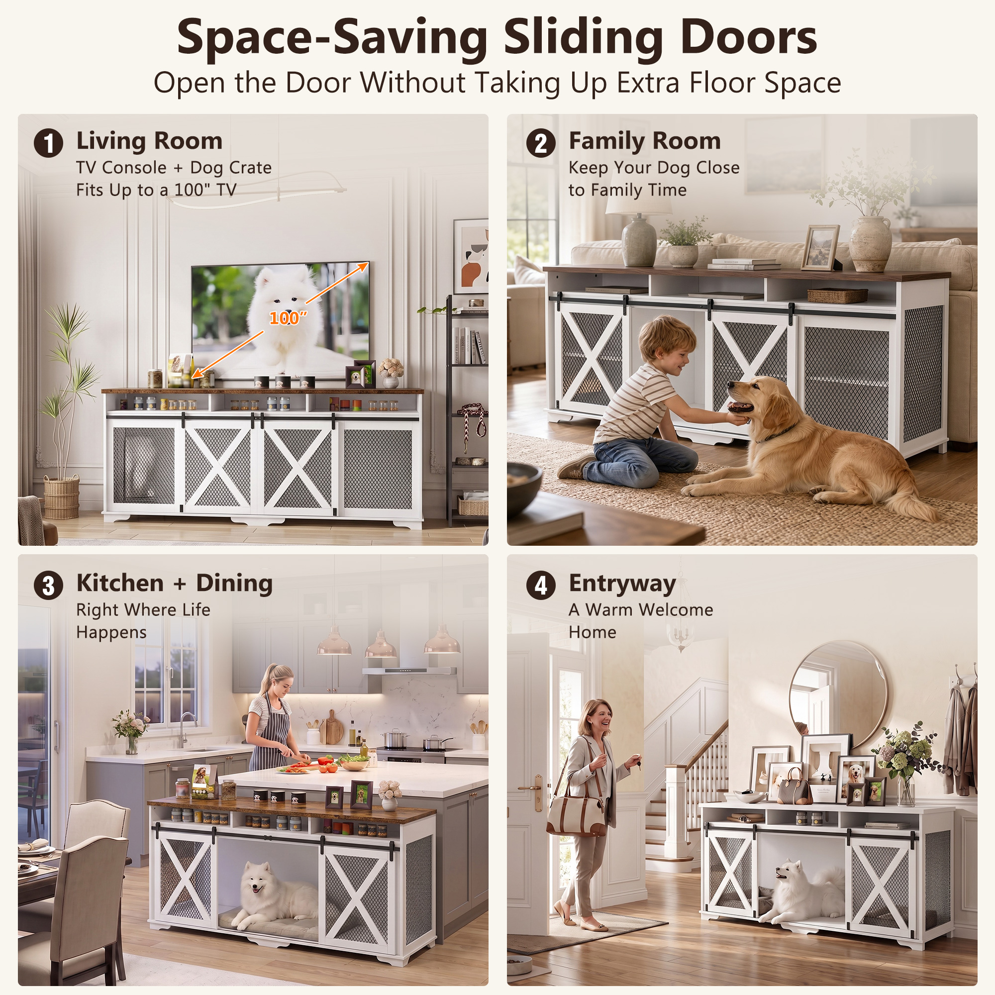 ANPOO 94.5" Furniture Style Dog Crate TV Stand, Large Wooden Dog Kennel with Sliding Mesh Doors, Divider for 1 or 2 Dogs, Fits Up to 100 inch TV, Indoor Pet Crate Cabinet for Living Room