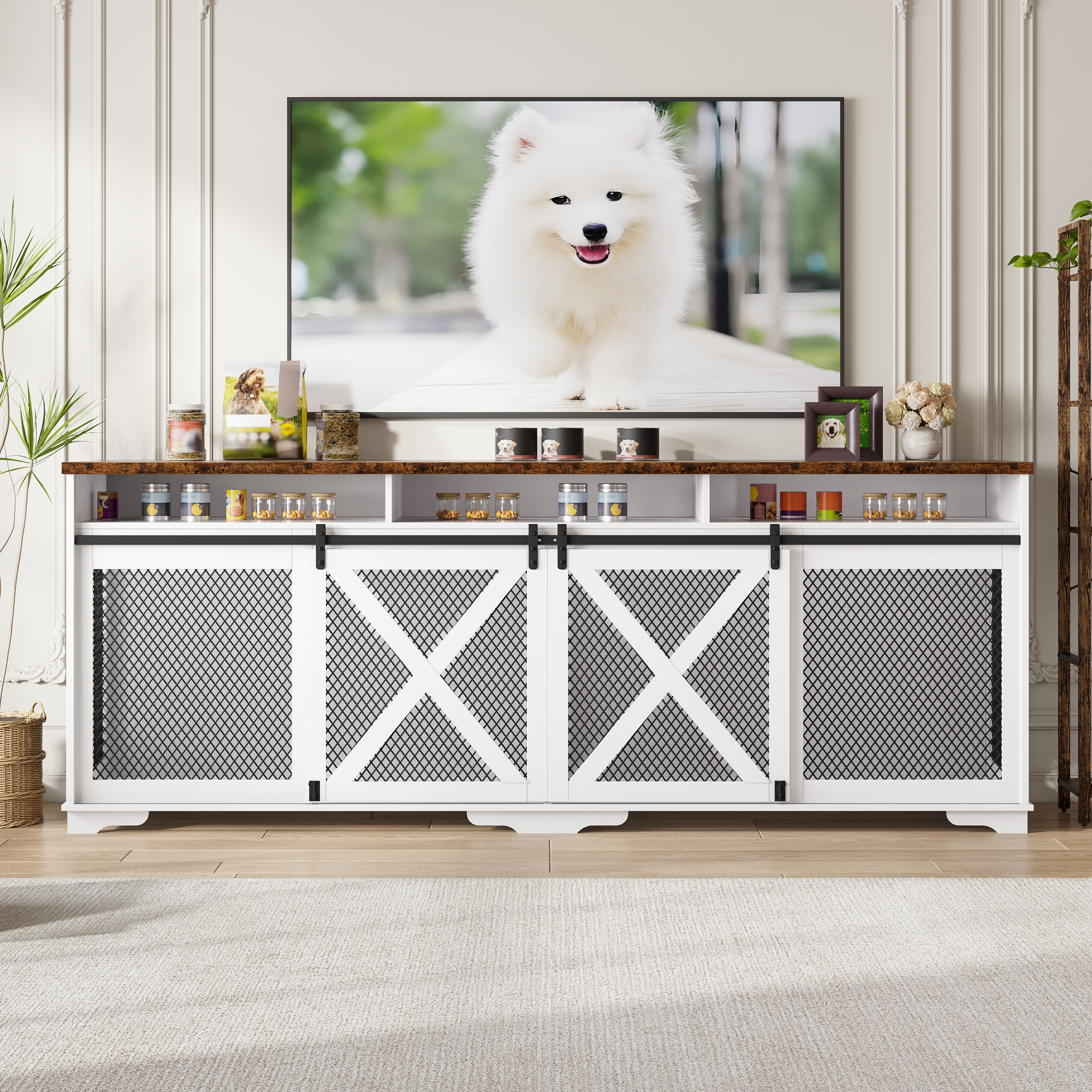 ANPOO 94.5" Furniture Style Dog Crate TV Stand, Large Wooden Dog Kennel with Sliding Mesh Doors, Divider for 1 or 2 Dogs, Fits Up to 100 inch TV, Indoor Pet Crate Cabinet for Living Room