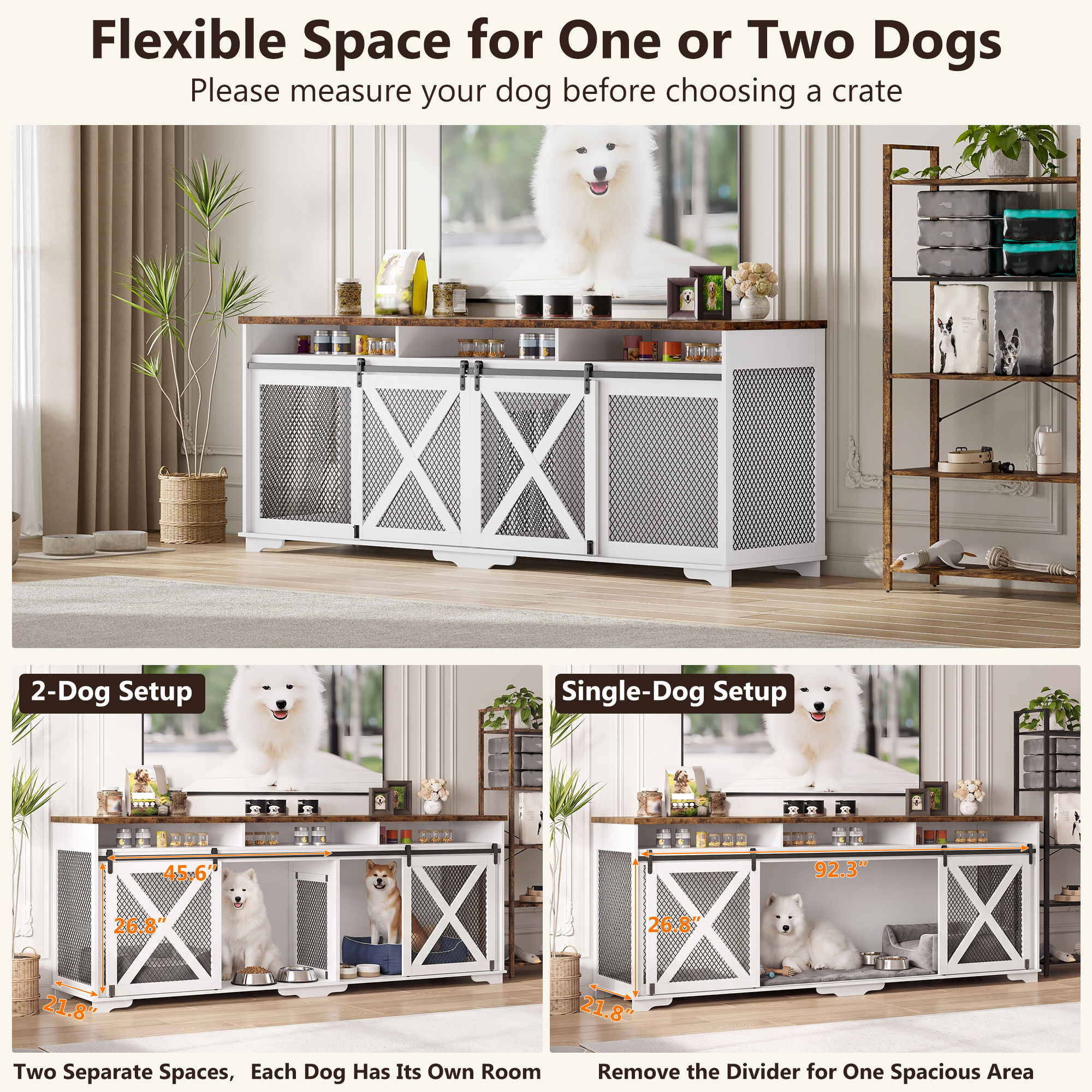 ANPOO 94.5" Furniture Style Dog Crate TV Stand, Large Wooden Dog Kennel with Sliding Mesh Doors, Divider for 1 or 2 Dogs, Fits Up to 100 inch TV, Indoor Pet Crate Cabinet for Living Room