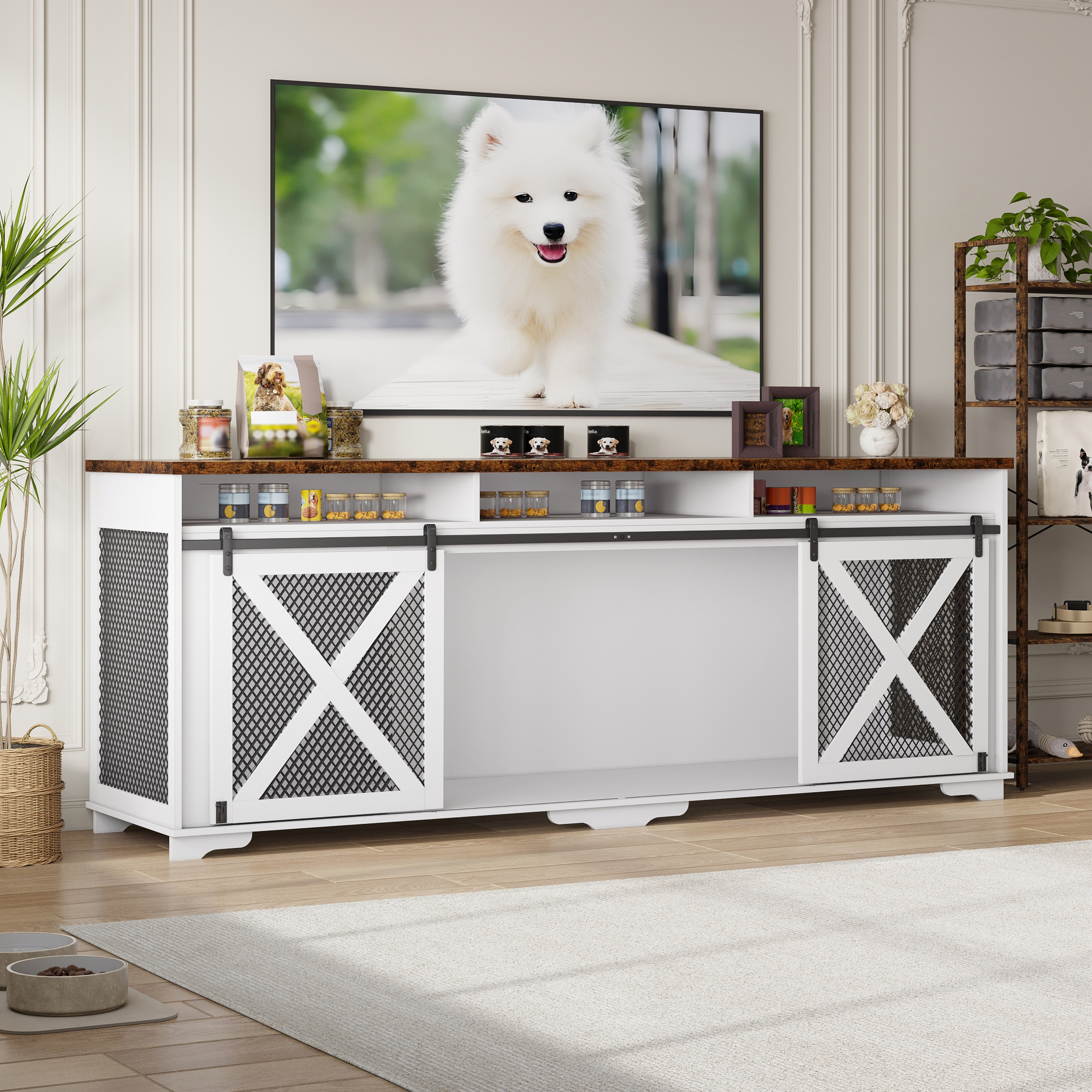 ANPOO 94.5" Furniture Style Dog Crate TV Stand, Large Wooden Dog Kennel with Sliding Mesh Doors, Divider for 1 or 2 Dogs, Fits Up to 100 inch TV, Indoor Pet Crate Cabinet for Living Room