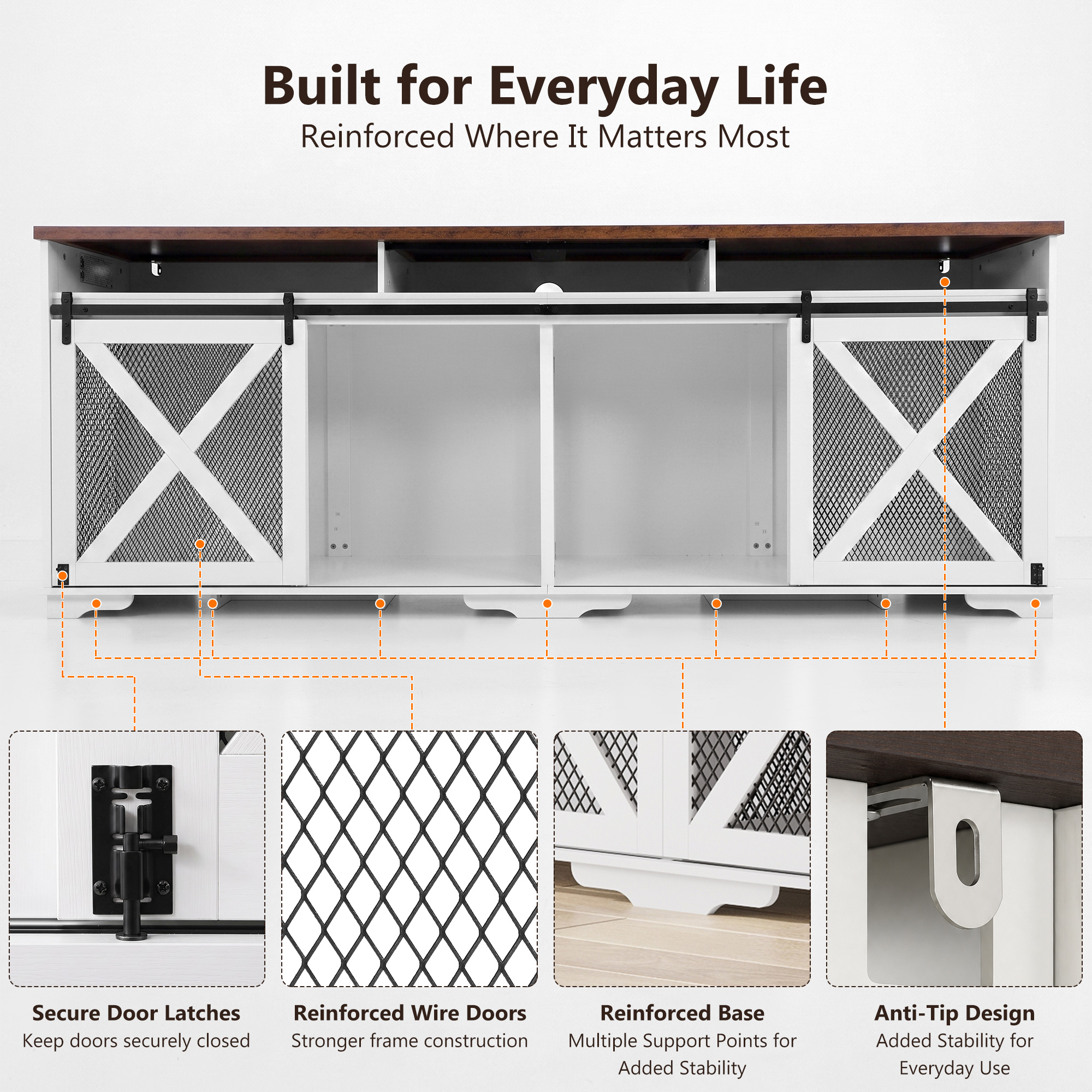 ANPOO 94.5" Furniture Style Dog Crate TV Stand, Large Wooden Dog Kennel with Sliding Mesh Doors, Divider for 1 or 2 Dogs, Fits Up to 100 inch TV, Indoor Pet Crate Cabinet for Living Room