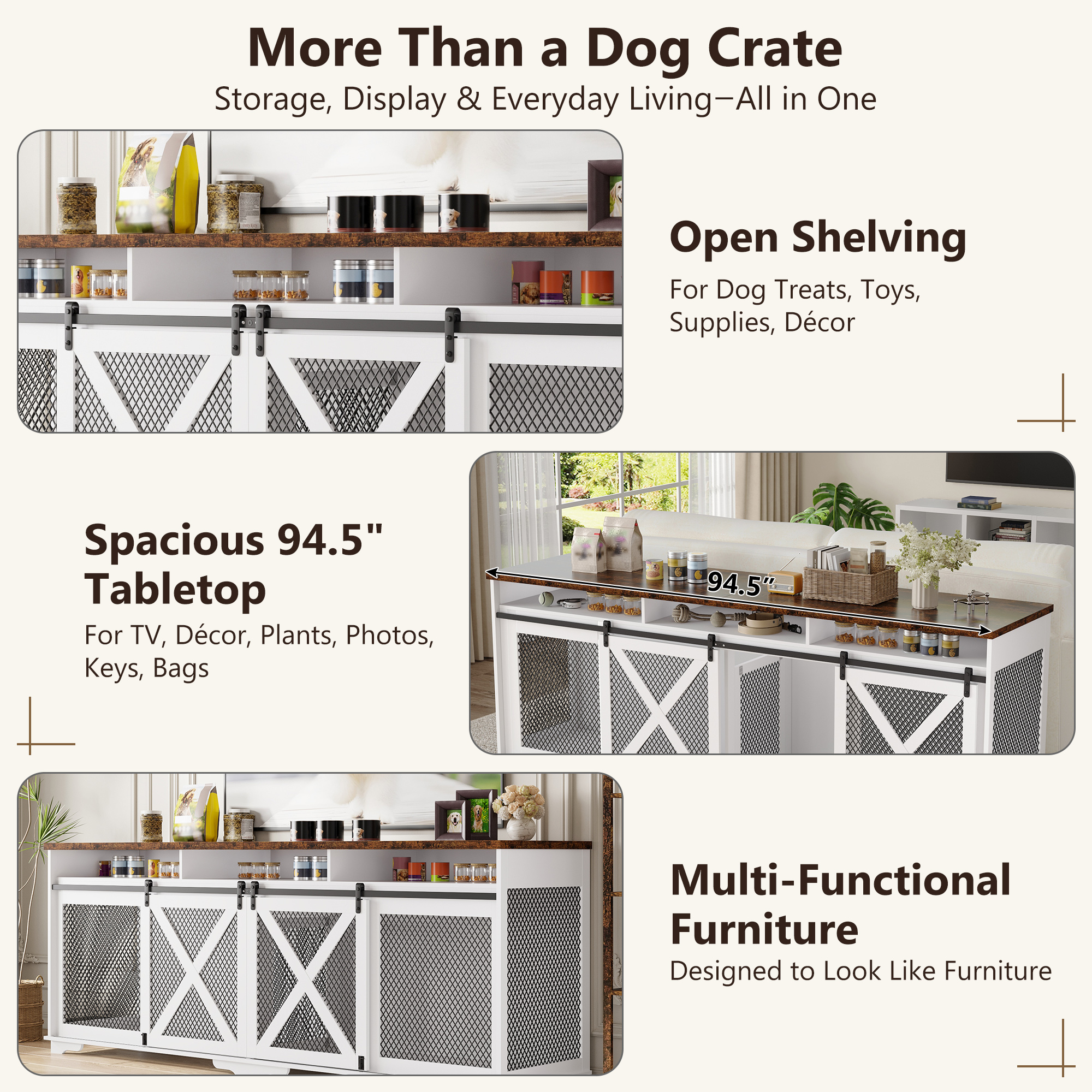 ANPOO 94.5" Furniture Style Dog Crate TV Stand, Large Wooden Dog Kennel with Sliding Mesh Doors, Divider for 1 or 2 Dogs, Fits Up to 100 inch TV, Indoor Pet Crate Cabinet for Living Room