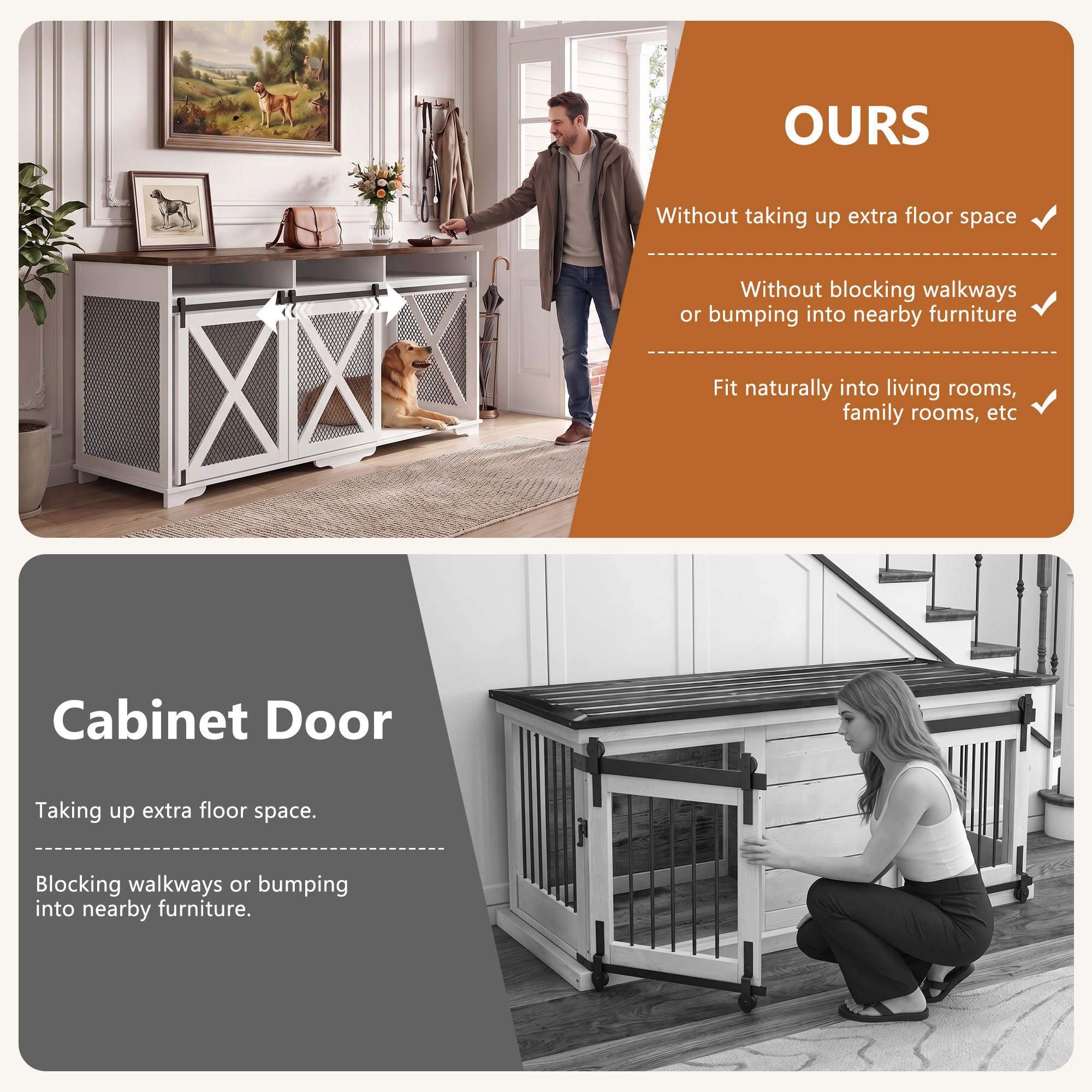 ANPOO 94.5" Furniture Style Dog Crate TV Stand, Large Wooden Dog Kennel with Sliding Mesh Doors, Divider for 1 or 2 Dogs, Fits Up to 100 inch TV, Indoor Pet Crate Cabinet for Living Room