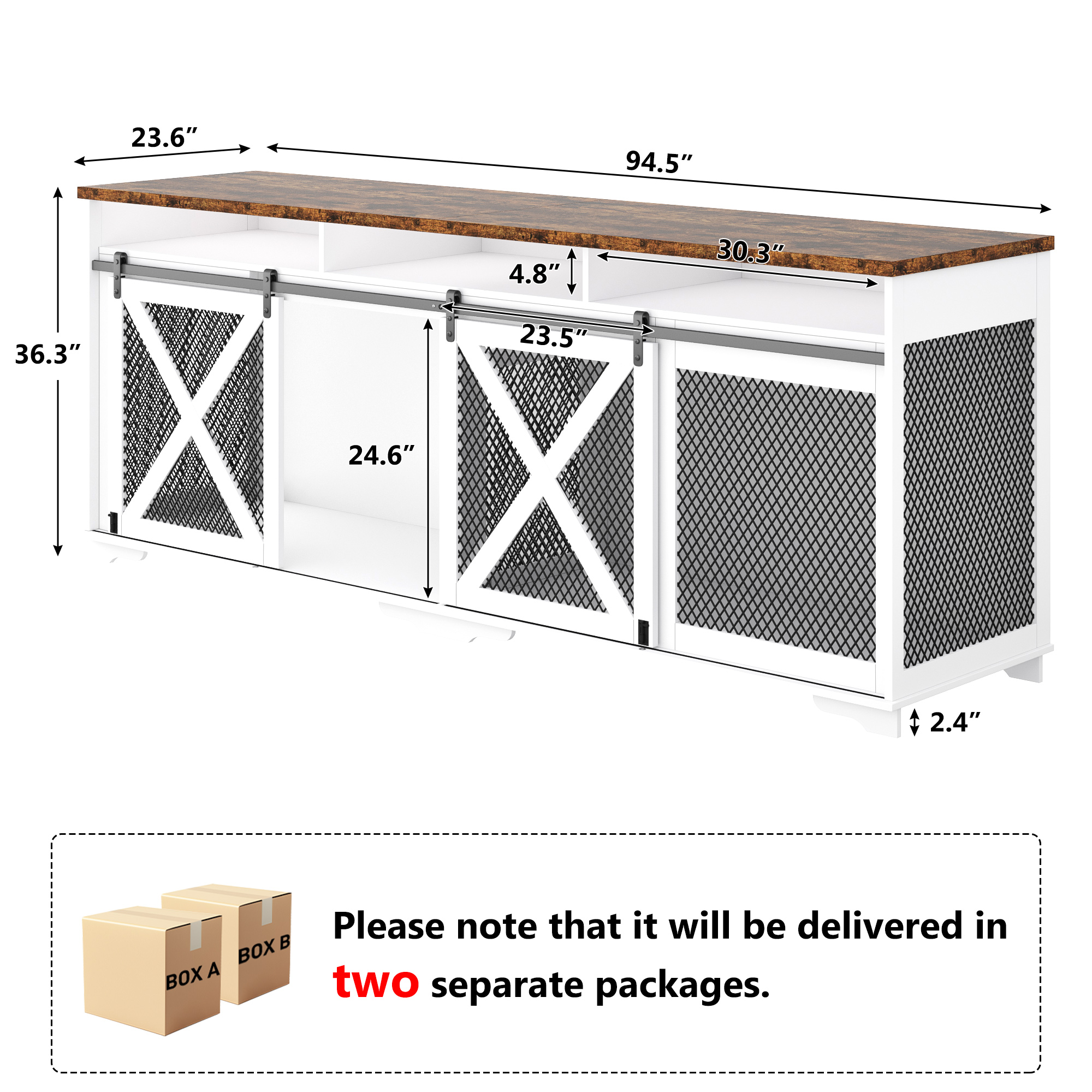 ANPOO 94.5" Furniture Style Dog Crate TV Stand, Large Wooden Dog Kennel with Sliding Mesh Doors, Divider for 1 or 2 Dogs, Fits Up to 100 inch TV, Indoor Pet Crate Cabinet for Living Room