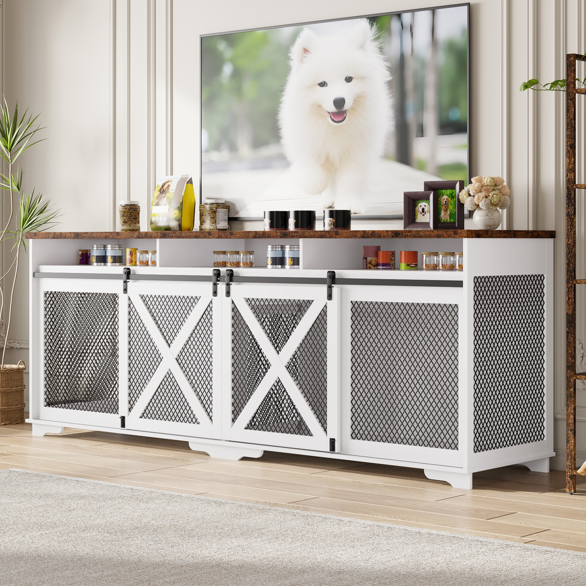 ANPOO 94.5" Furniture Style Dog Crate TV Stand, Large Wooden Dog Kennel with Sliding Mesh Doors, Divider for 1 or 2 Dogs, Fits Up to 100 inch TV, Indoor Pet Crate Cabinet for Living Room