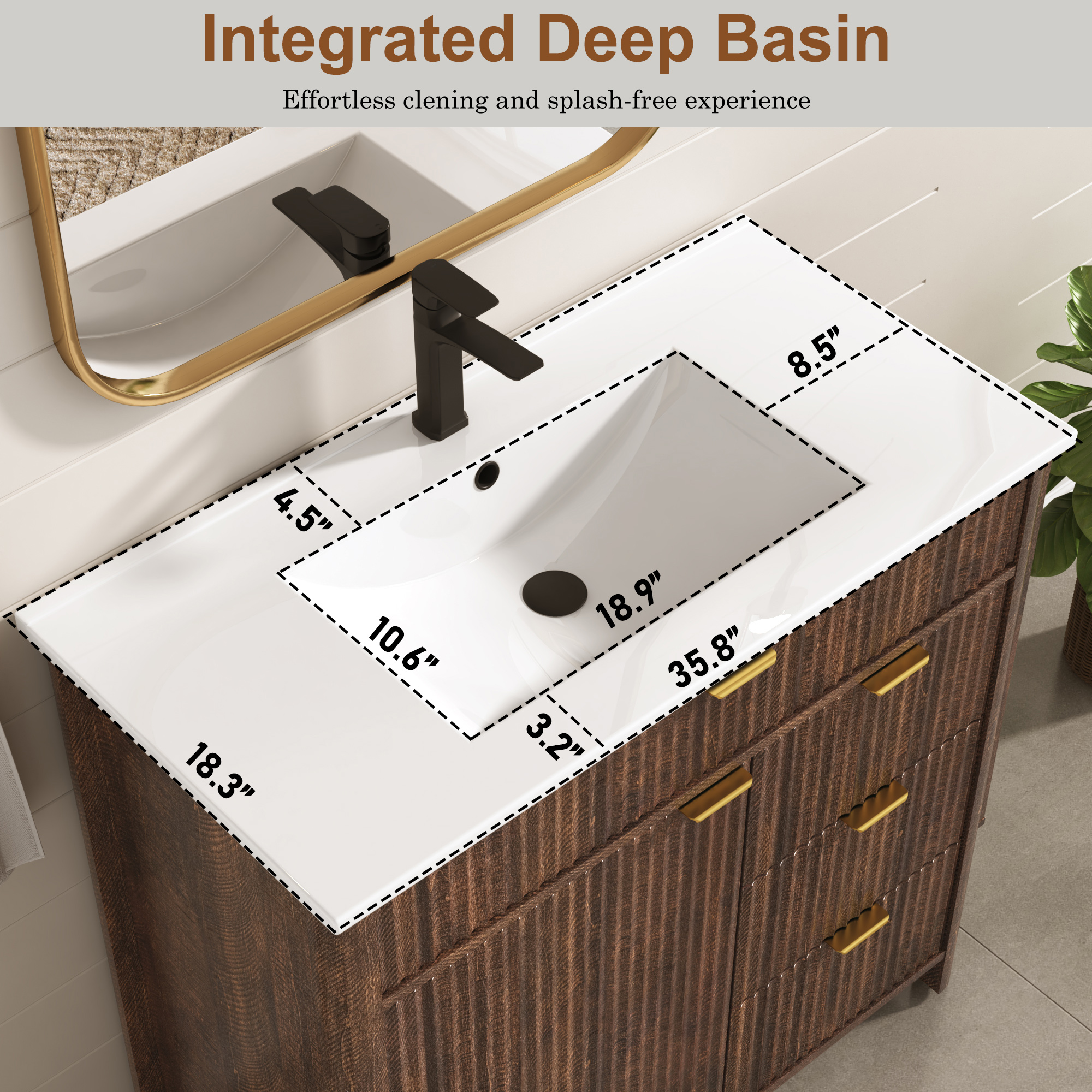 ANPOO 36" Bathroom Vanity with Sink & Faucet & Sewer Pipes, Mid-Century Modern Vanity with Ceramic Basin and Fluted Soft-Close Doors, Freestanding Bath Storage Vanity Sink Combo Set