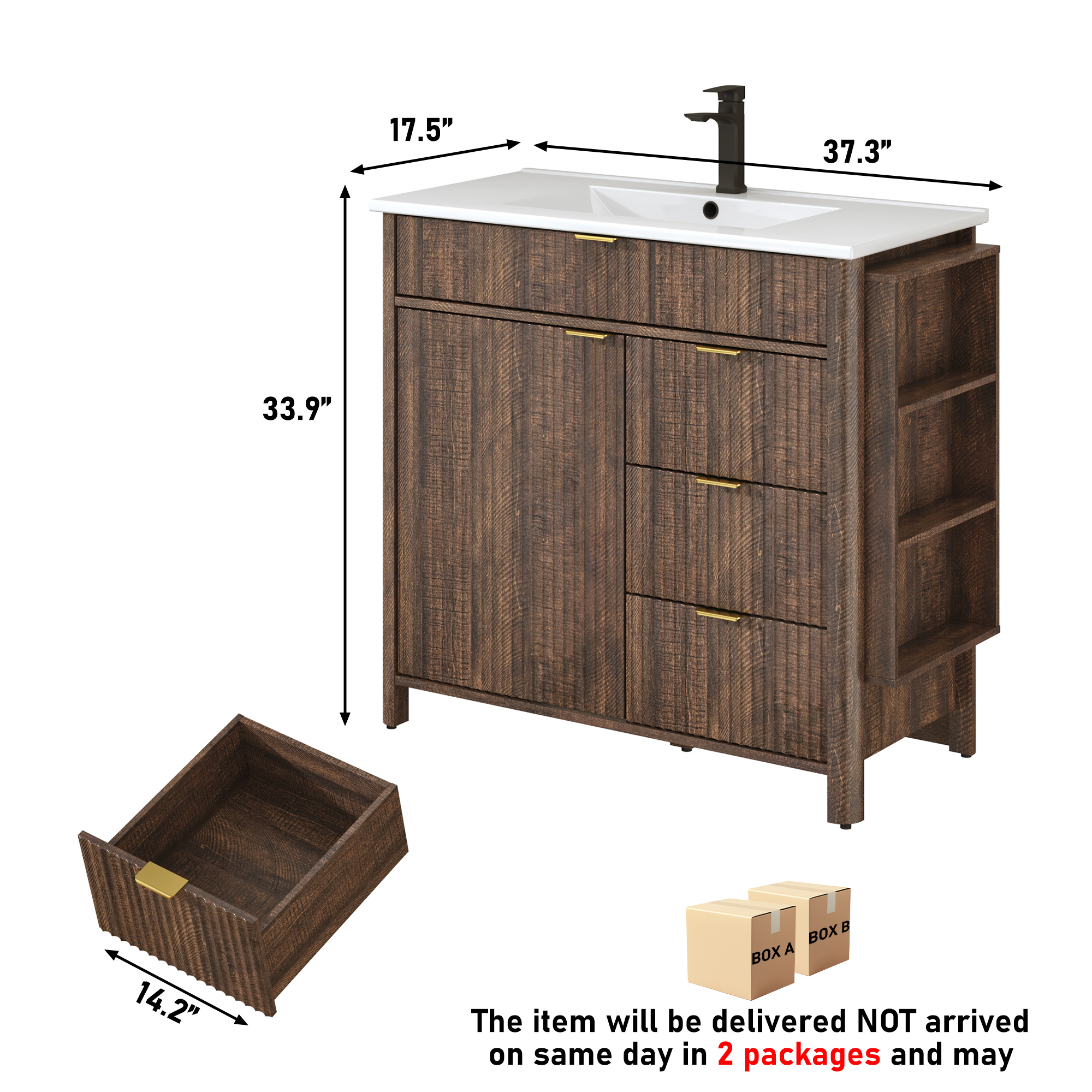 ANPOO 36" Bathroom Vanity with Sink & Faucet & Sewer Pipes, Mid-Century Modern Vanity with Ceramic Basin and Fluted Soft-Close Doors, Freestanding Bath Storage Vanity Sink Combo Set