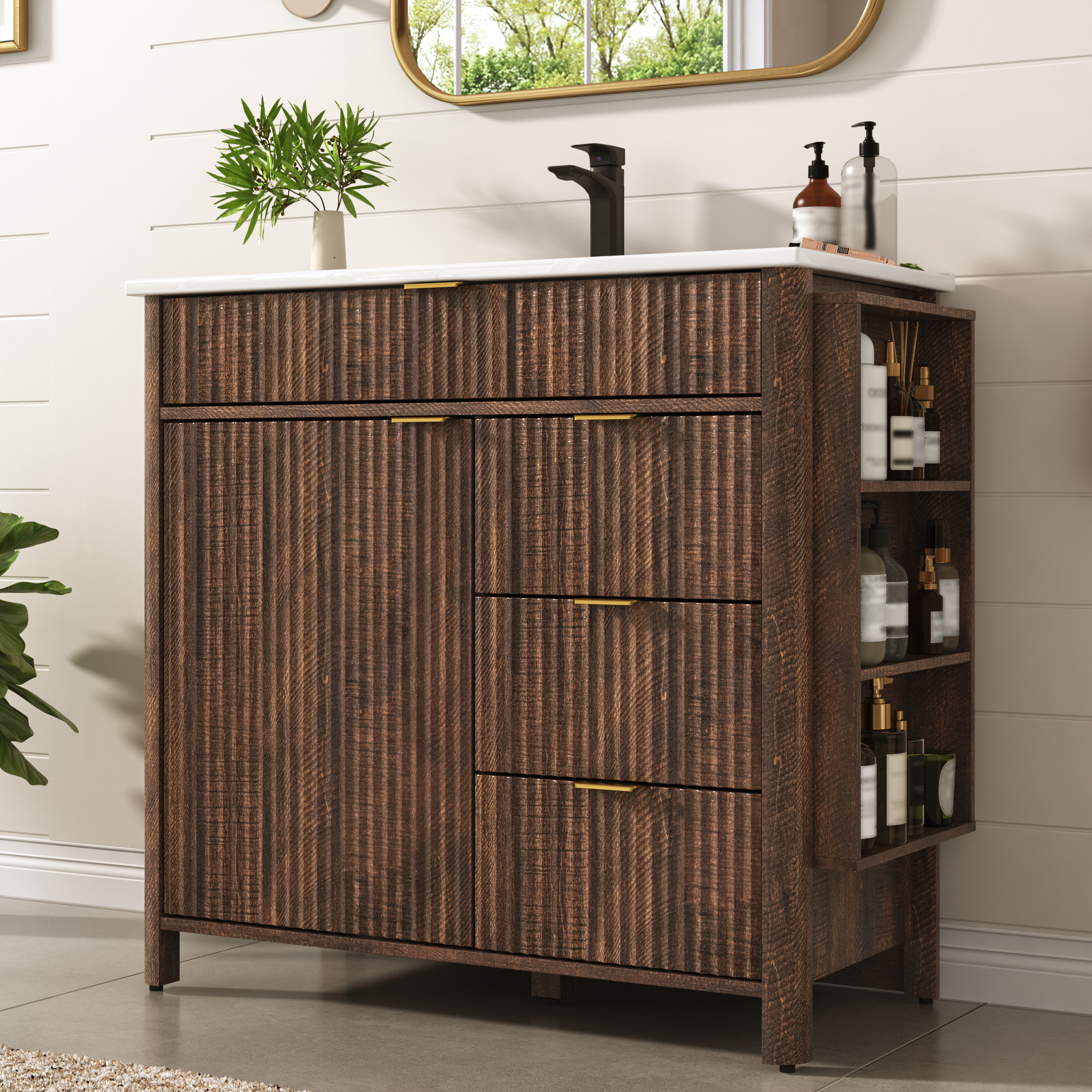 ANPOO 36" Bathroom Vanity with Sink & Faucet & Sewer Pipes, Mid-Century Modern Vanity with Ceramic Basin and Fluted Soft-Close Doors, Freestanding Bath Storage Vanity Sink Combo Set