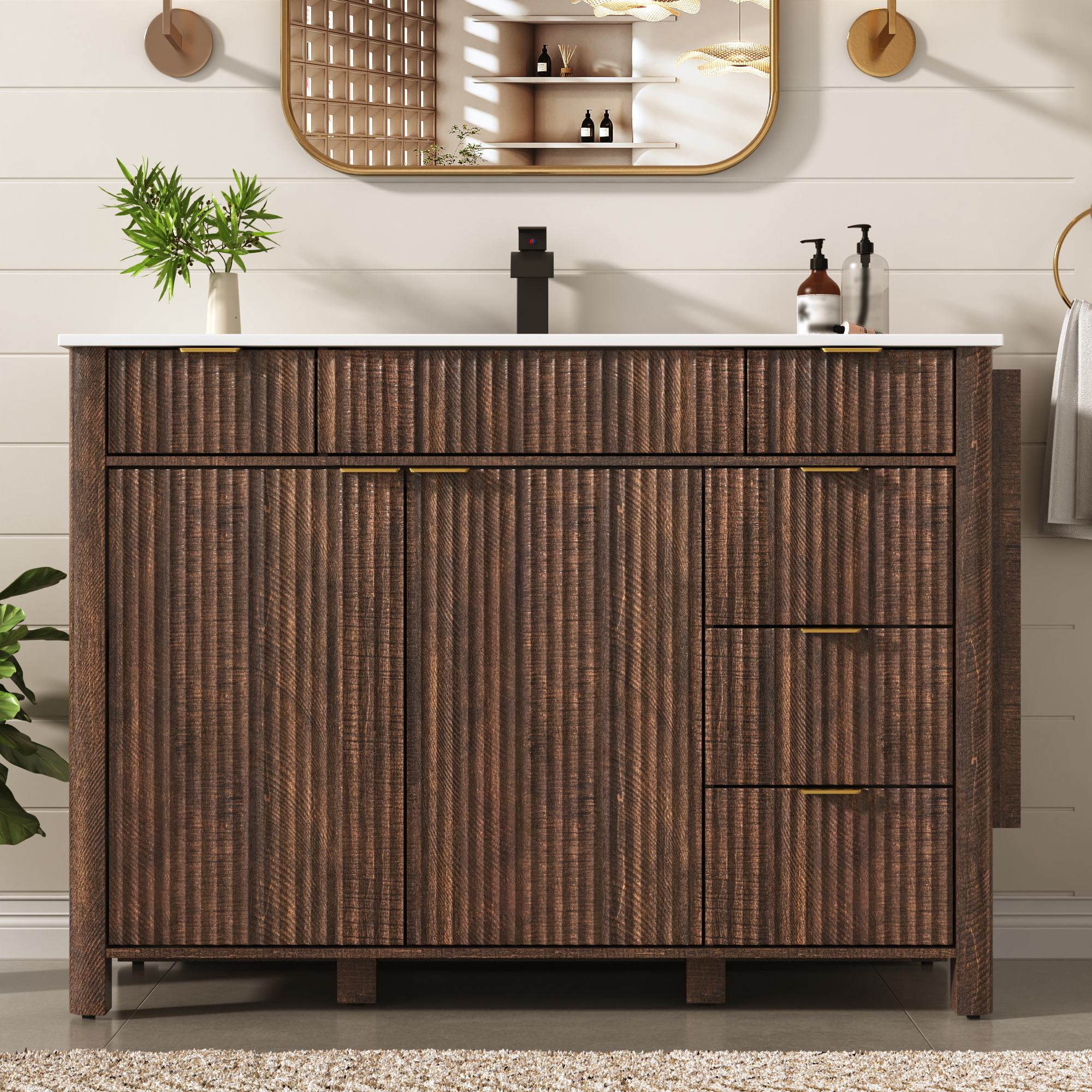 ANPOO 48" Bathroom Vanity with Sink & Faucet & Sewer Pipes, Mid-Century Modern Vanity with Basin and Fluted Soft-Close Doors, Freestanding Bath Storage Vanity Sink Combo Set