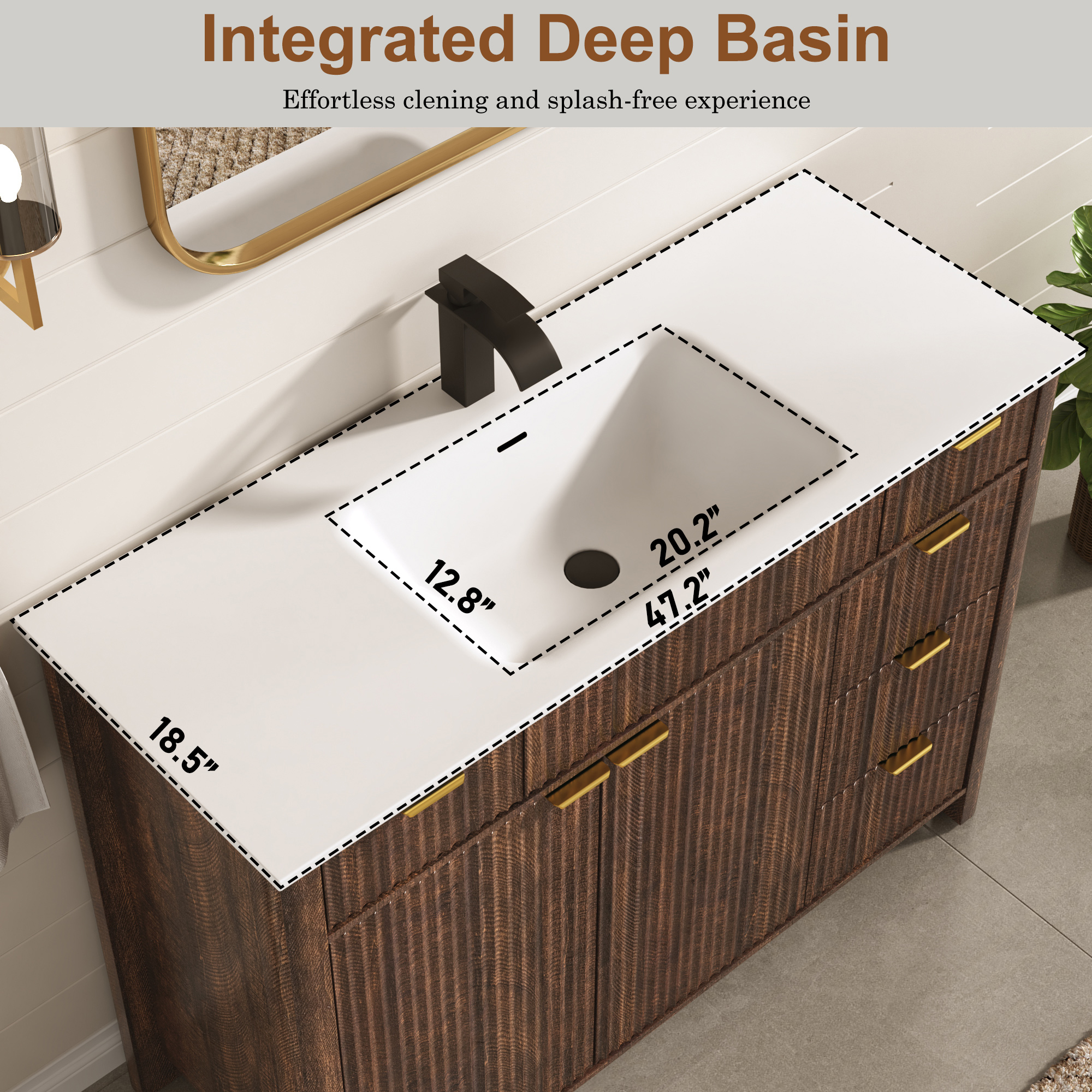 ANPOO 48" Bathroom Vanity with Sink & Faucet & Sewer Pipes, Mid-Century Modern Vanity with Basin and Fluted Soft-Close Doors, Freestanding Bath Storage Vanity Sink Combo Set