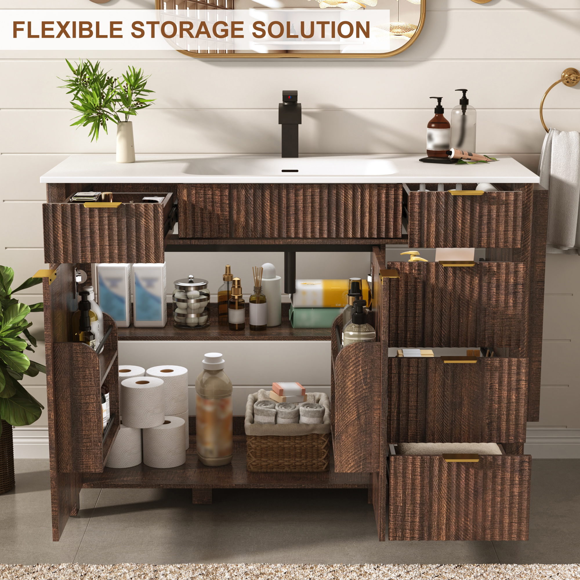 ANPOO 48" Bathroom Vanity with Sink & Faucet & Sewer Pipes, Mid-Century Modern Vanity with Basin and Fluted Soft-Close Doors, Freestanding Bath Storage Vanity Sink Combo Set