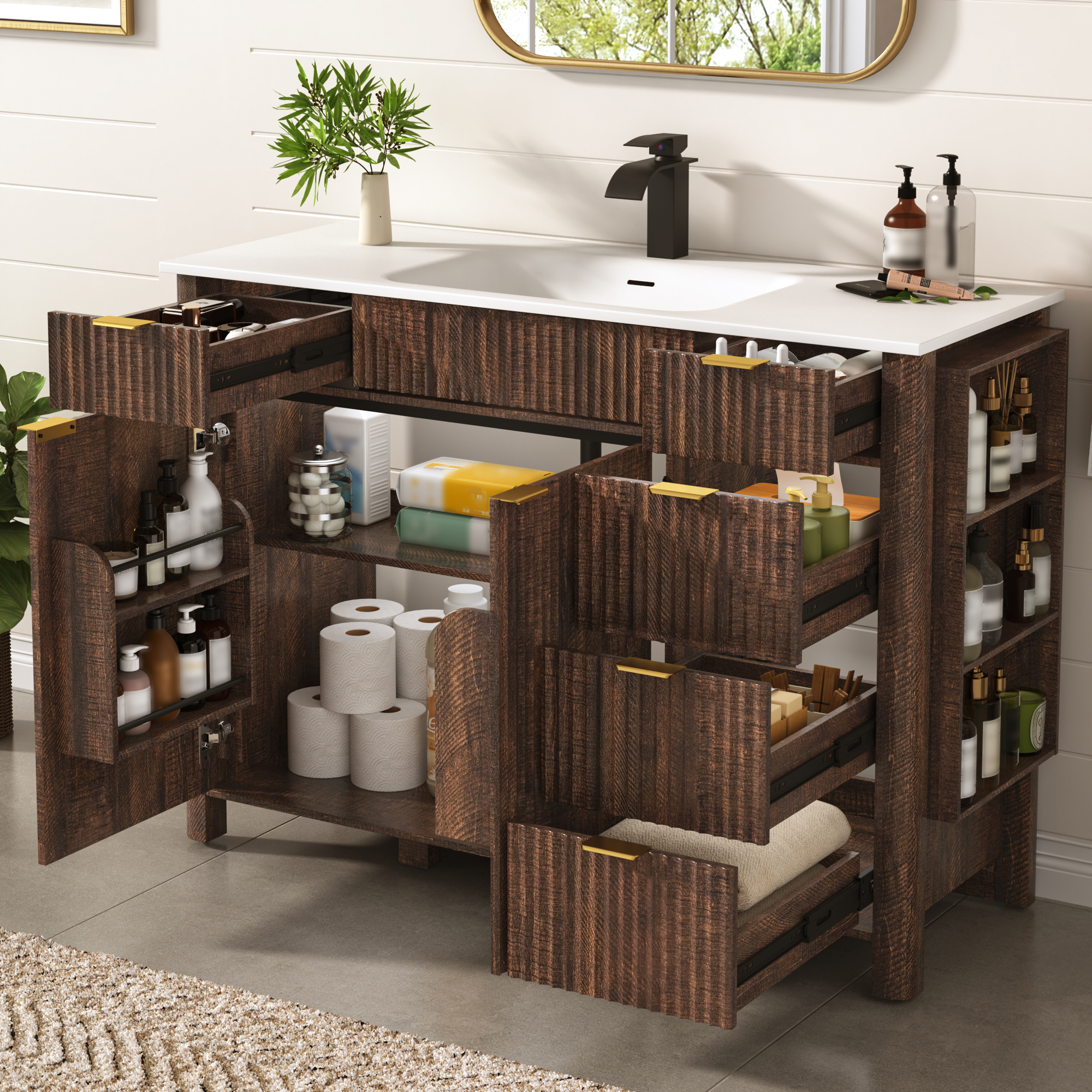 ANPOO 48" Bathroom Vanity with Sink & Faucet & Sewer Pipes, Mid-Century Modern Vanity with Basin and Fluted Soft-Close Doors, Freestanding Bath Storage Vanity Sink Combo Set