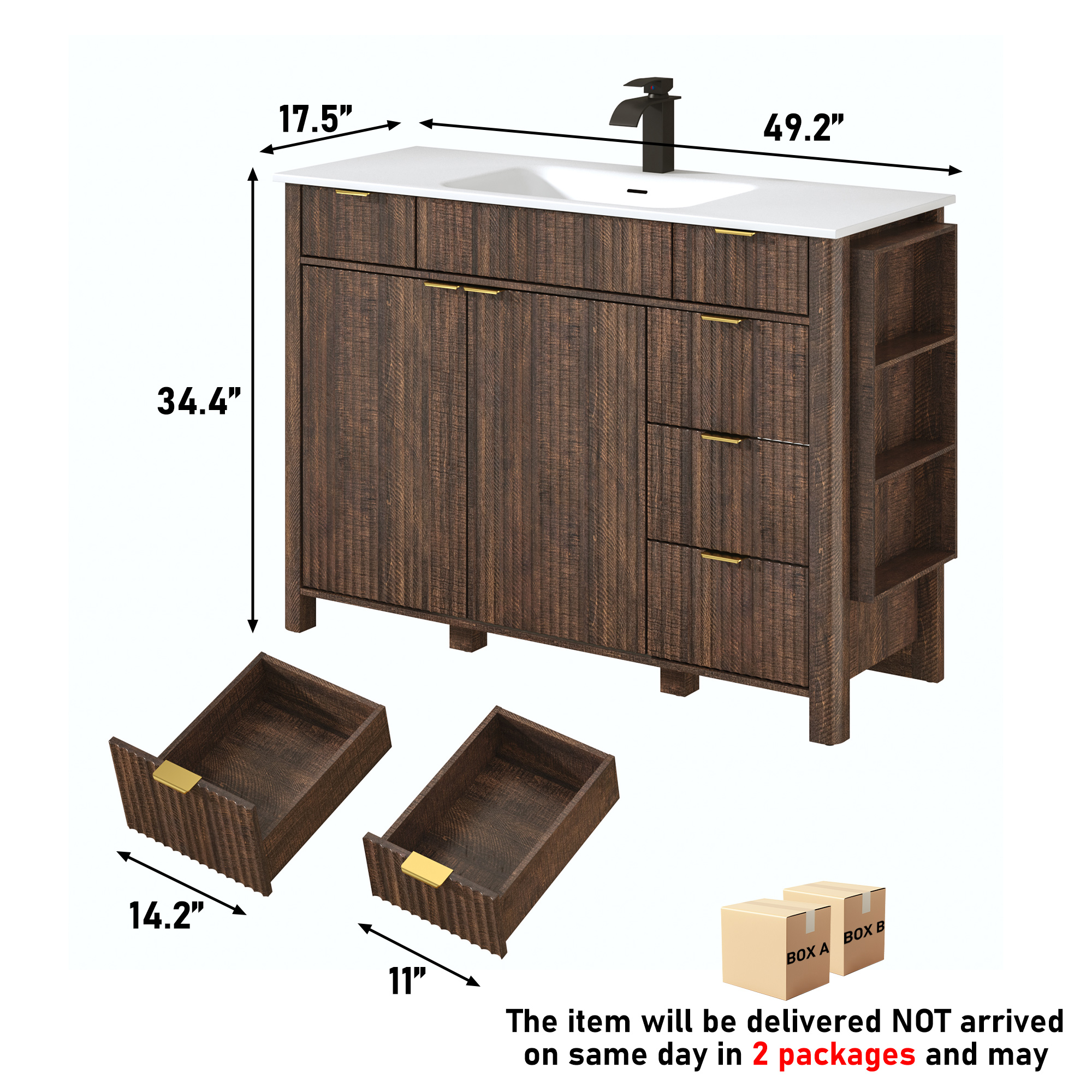 ANPOO 48" Bathroom Vanity with Sink & Faucet & Sewer Pipes, Mid-Century Modern Vanity with Basin and Fluted Soft-Close Doors, Freestanding Bath Storage Vanity Sink Combo Set